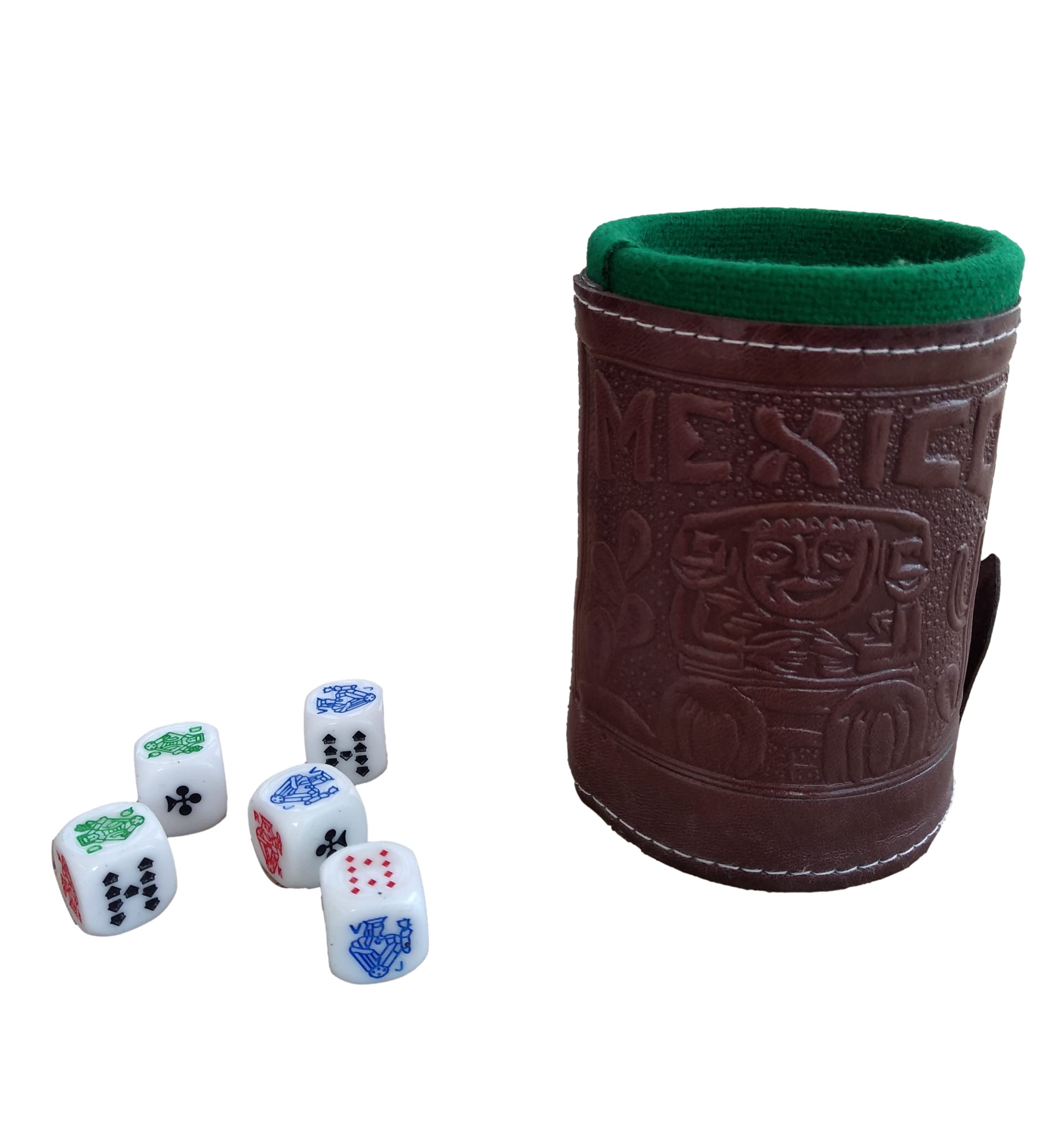 Marquez Premium Poker Dice Game Set with Leather Lined Cup (Cubilete) - 5 Professional Casino Style Dice, Brown, 3.1'' W x 3.5'' H - Perfect for Game Nights, Travel & Spanish-Speaking Players Ages 72+
