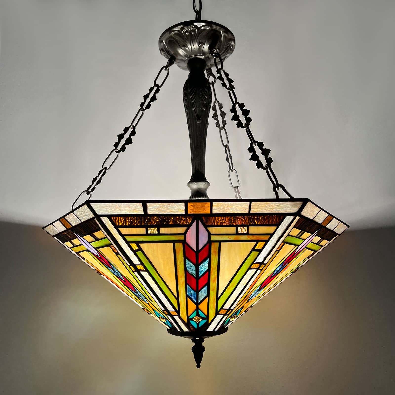 Vintage Tiffany Style Pendant Light Fixture - 22 Inch Handmade Stained Glass Hanging Lamp with 3 Lights, Inverted Ceiling Chandelier for Living Room, Dining Room, Foyer, Bedroom & Entryway - Perfect for Home Decor, Wedding Venues & Restaurant Lighting