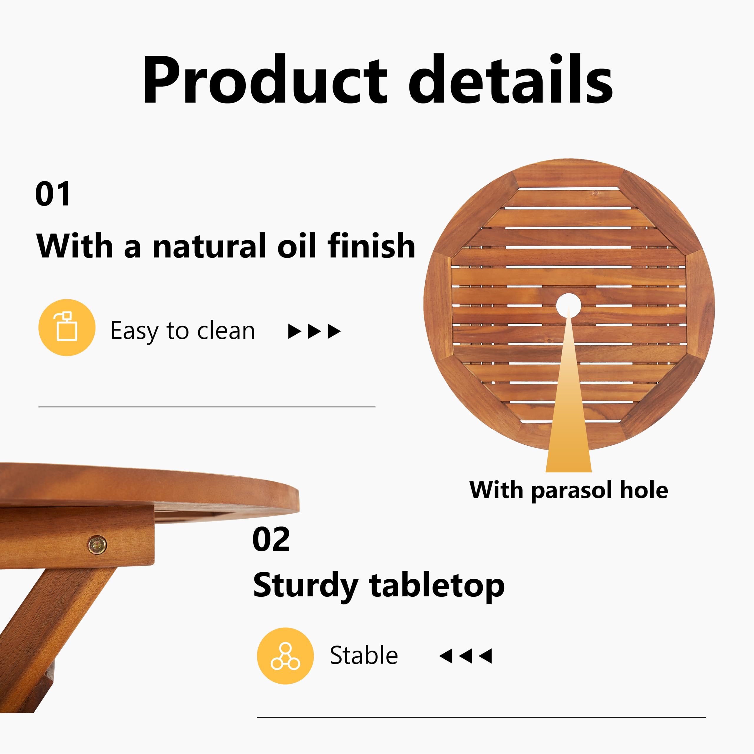 Acacia Wood Round Patio Table with Umbrella Hole & Foldable Design - 23.6
