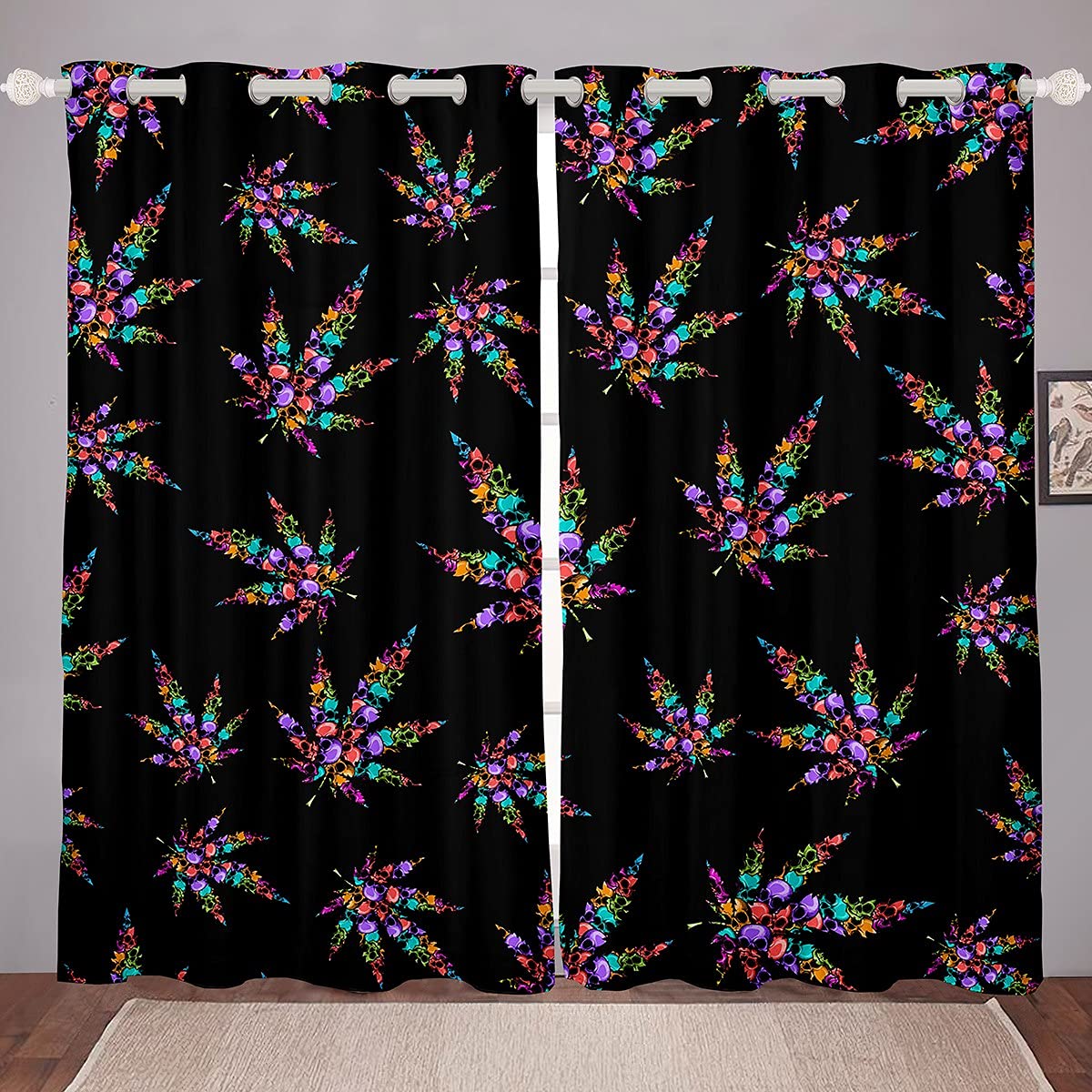 Gothic Cannabis Leaf Curtains 42x90 Inches - Black Trippy Botanical Window Drapes with Colorful Skull Design for Bedroom, Living Room, Dorm - 2 Panel Set Hippie Decor for Men & Women