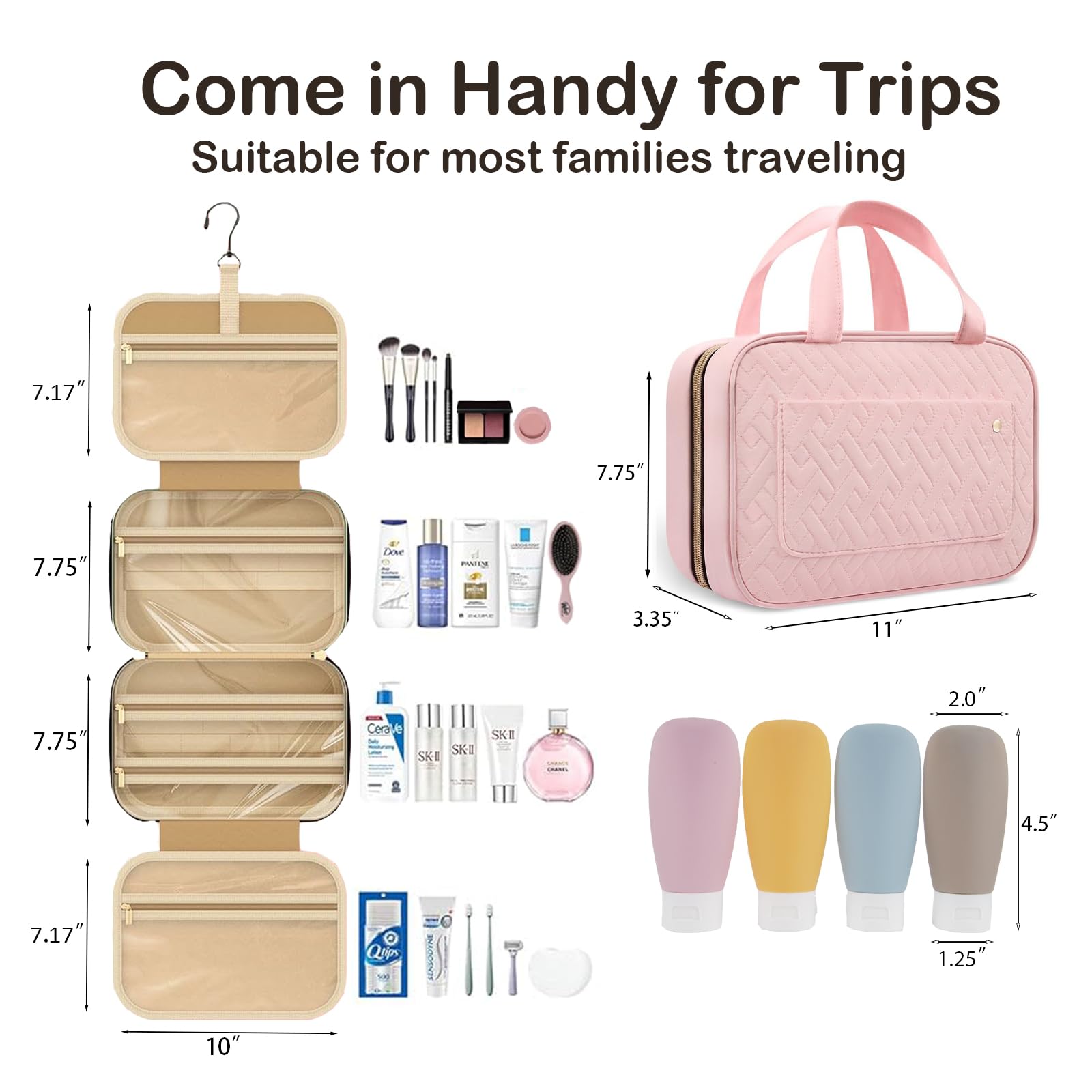 Waterproof Hanging Travel Toiletry Bag for Women with Leak-Proof Bottles - Pink Cosmetic Organizer for Makeup, Toiletries & Travel Essentials - Perfect for Airplane, Gym & Vacation Trips