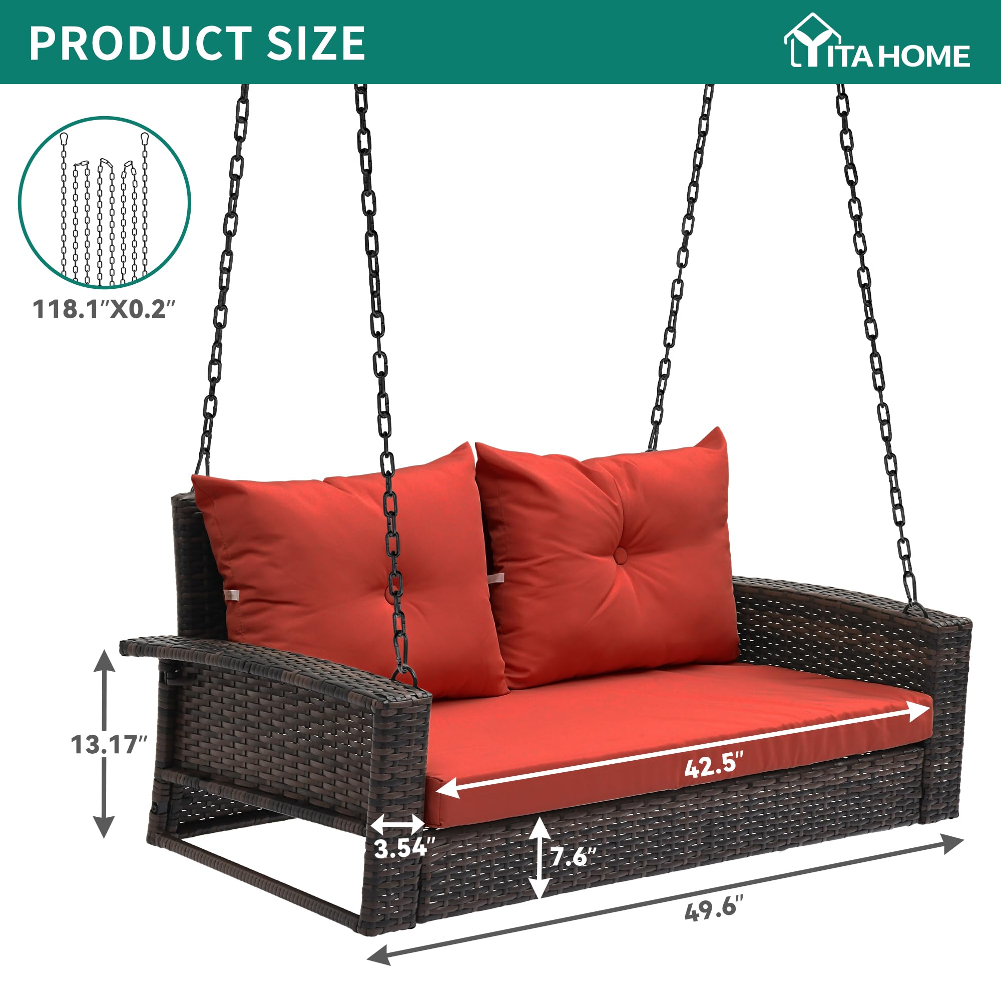 YITAHOME Outdoor Wicker Hanging Swing Chair - Brown Rattan Patio Swing with 2 Cushions, 530lbs Weight Capacity - Perfect for Garden, Balcony, Porch & Living Room - Relaxing Lounge Chair for Reading & Napping
