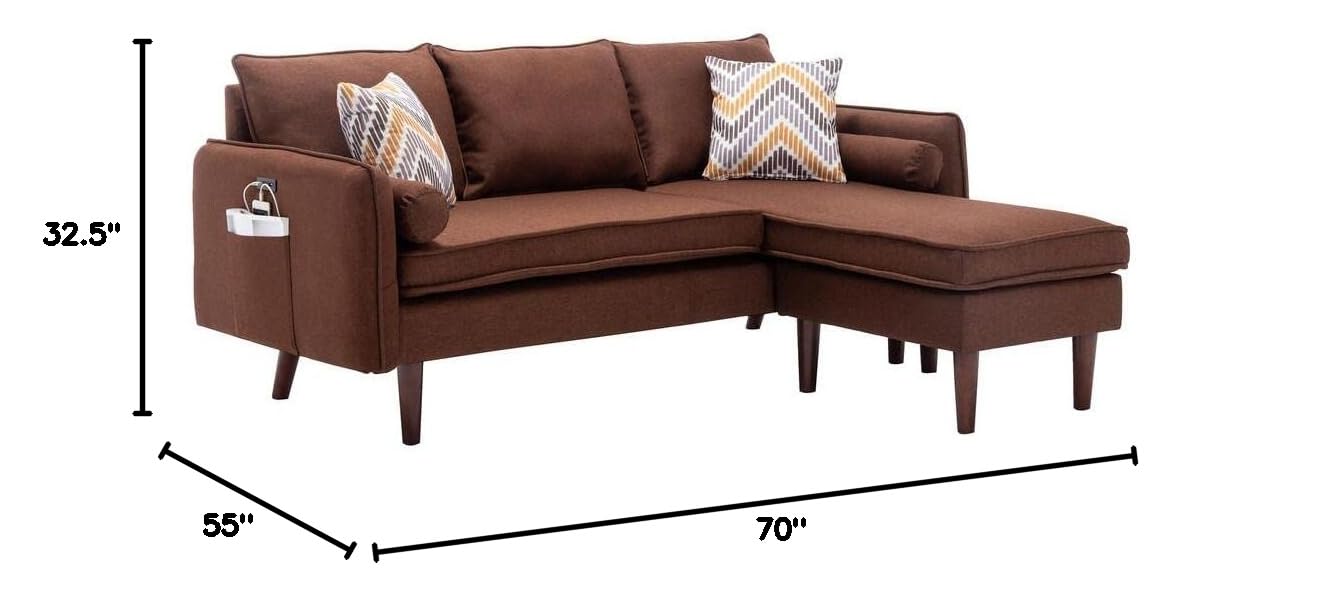 Lilola Home Mia Brown Sectional Sofa Chaise with USB Charger & Pillows - Modern L-Shaped Couch for Living Room, Family Room & Small Spaces - Perfect for Relaxing, Entertaining & Charging Devices