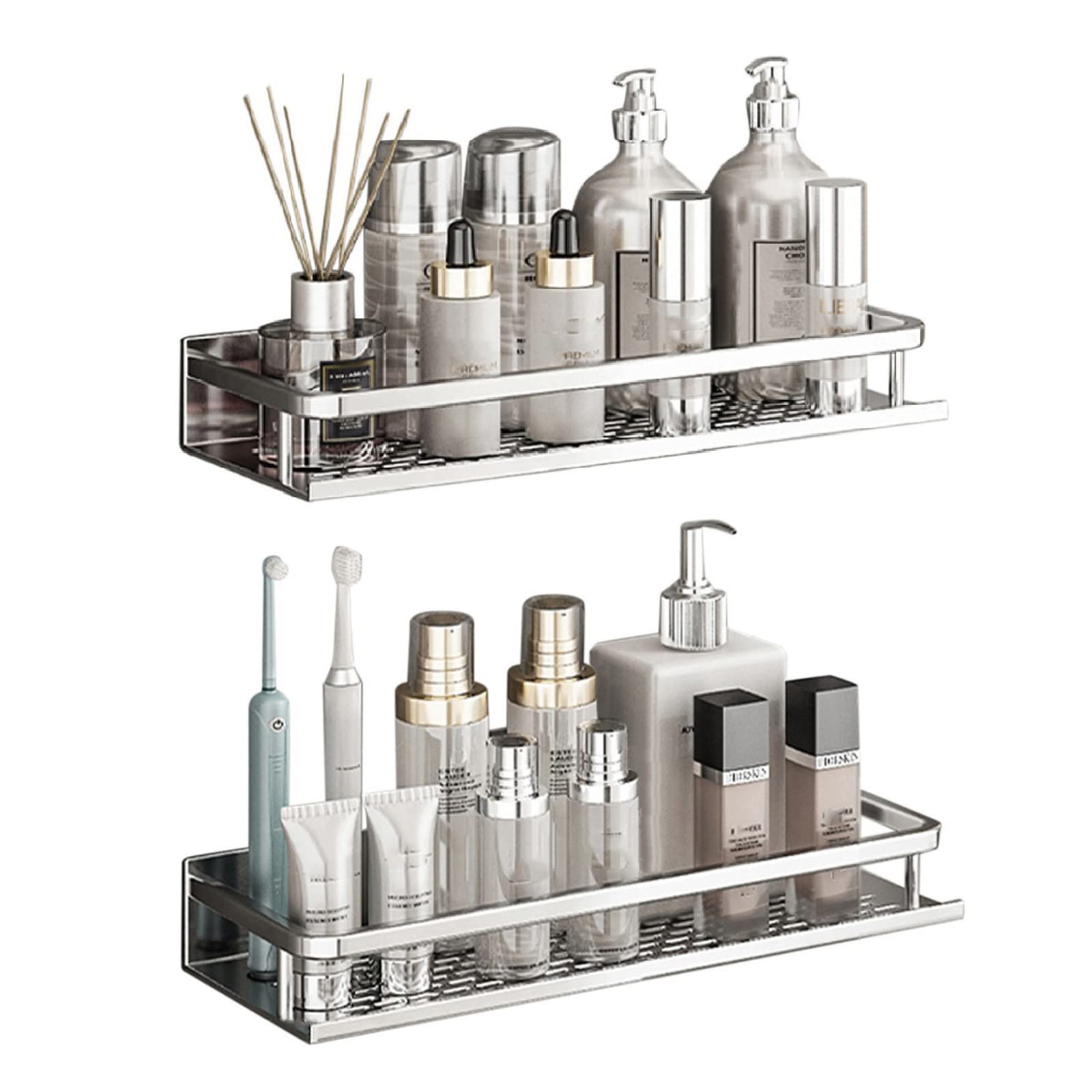 No Drill Shower Shelf - Rustproof Aluminum Bathroom Organizer with Adhesive Mount, 2-Tier Chrome Design (30cm) - Perfect for Small Spaces, Apartment Showers & Clutter-Free Bathroom Storage