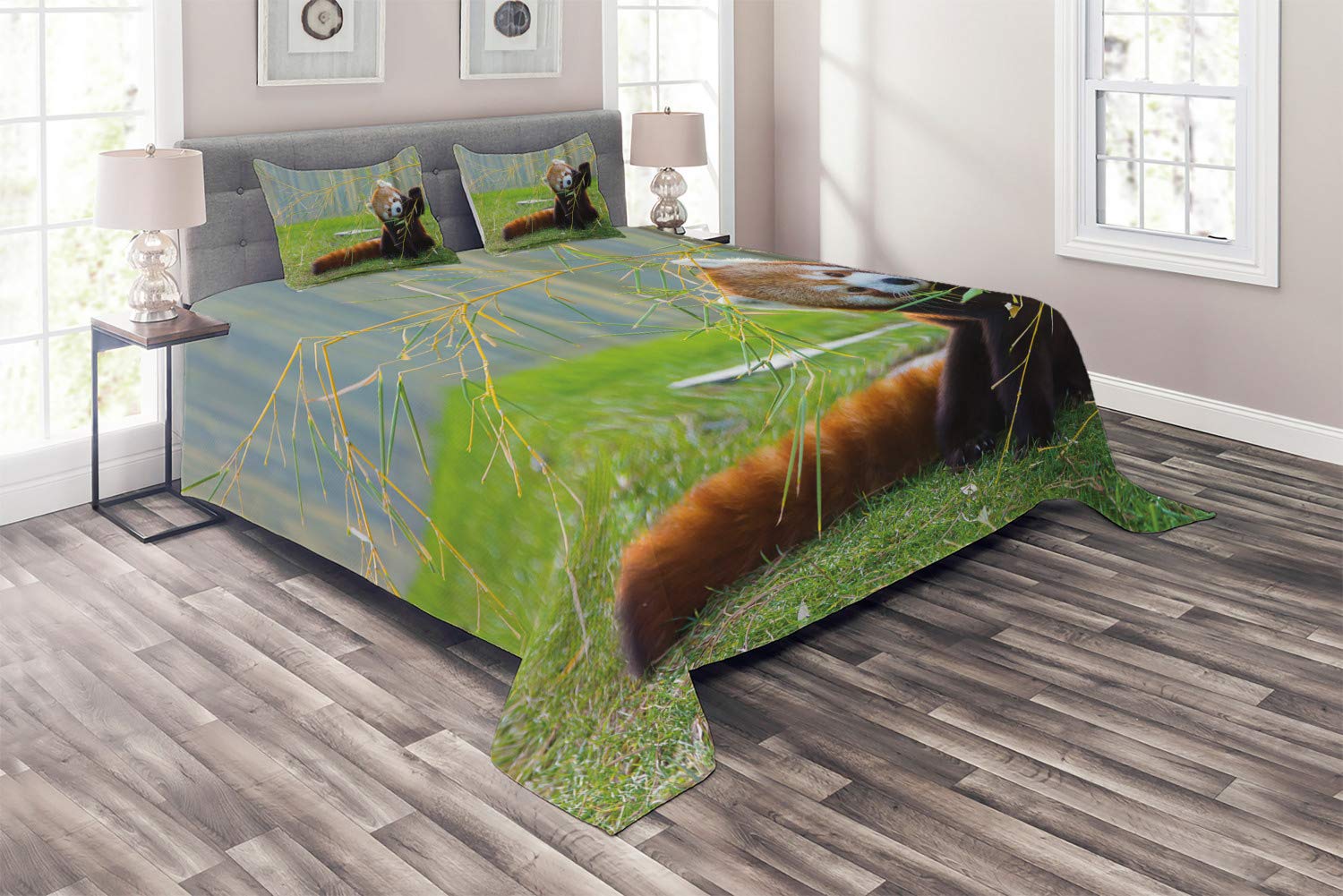 Ambesonne 3-Piece King Size Panda Quilted Bedspread Set with 2 Pillow Shams - Wild Animal Meadow & Himalayan Mountain Design in Brown & Red | Cozy Bedroom Decor, Gift for Animal Lovers, Dorm Room Essentials