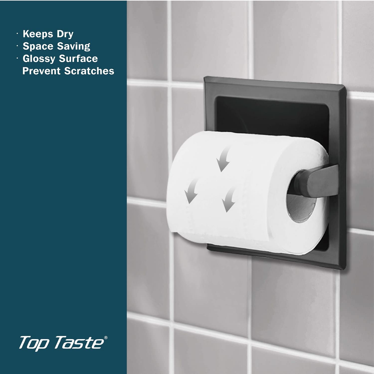 Premium Matte Black Recessed Toilet Paper Holder - Wall Mount Bathroom Tissue Roll Dispenser with Rear Mounting Brackets | Space-Saving Design for Modern Bathrooms & Powder Rooms