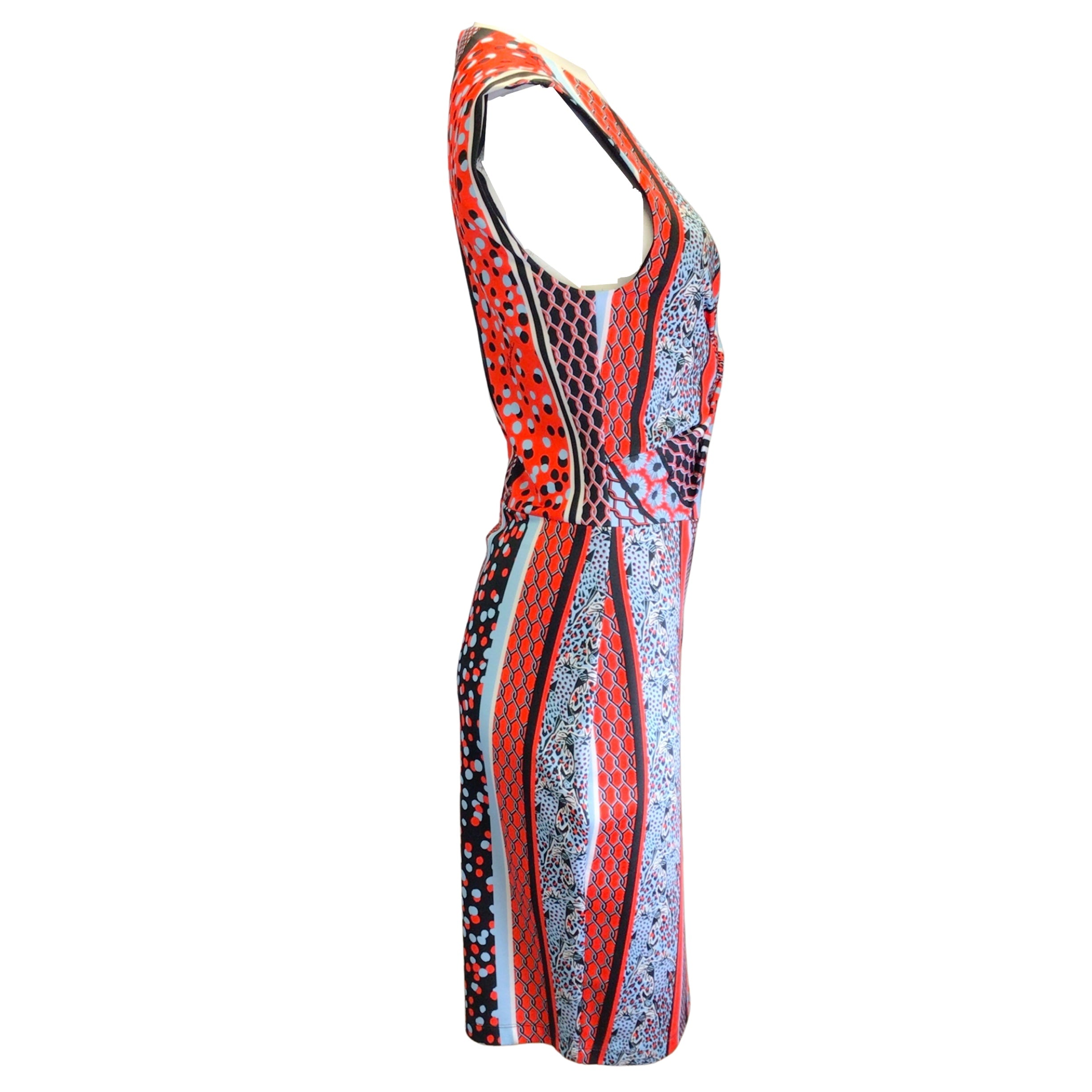 Just Cavalli Women's Red & Light Blue Printed Sleeveless V-Neck Midi Dress - Summer Beach Party & Cocktail Evening Wear