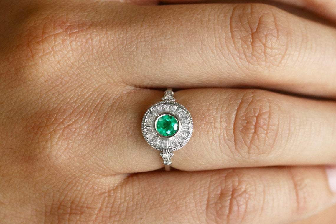 1.25tcw Colombian Emerald & Diamond Baguette Halo Ring in 14K Gold - Elegant Engagement, Wedding, or Anniversary Jewelry Gift