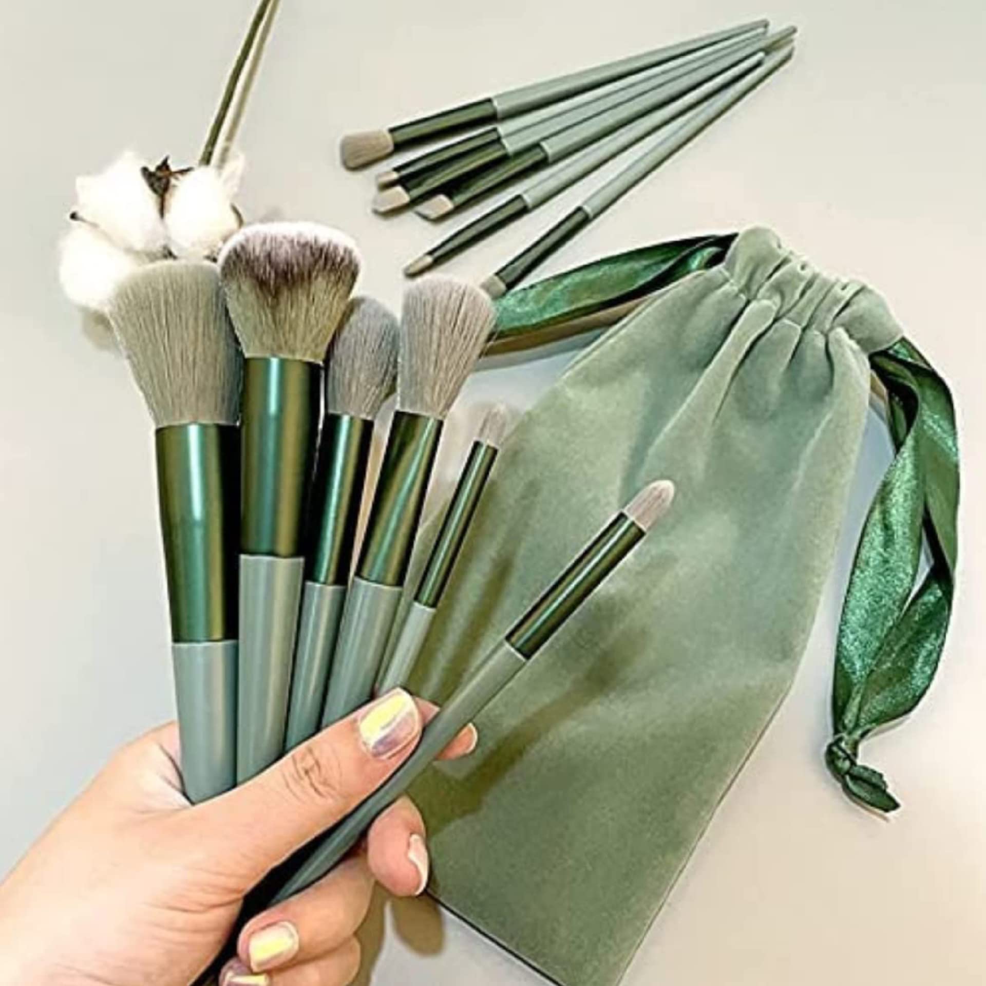 13-Piece Professional Makeup Brush Set with Soft Travel Pouch - Vegan & Cruelty-Free Cosmetic Brush Kit for Foundation, Blending, Eyeshadow (Green) - Perfect for Travel, Home & Professional Makeup Artists