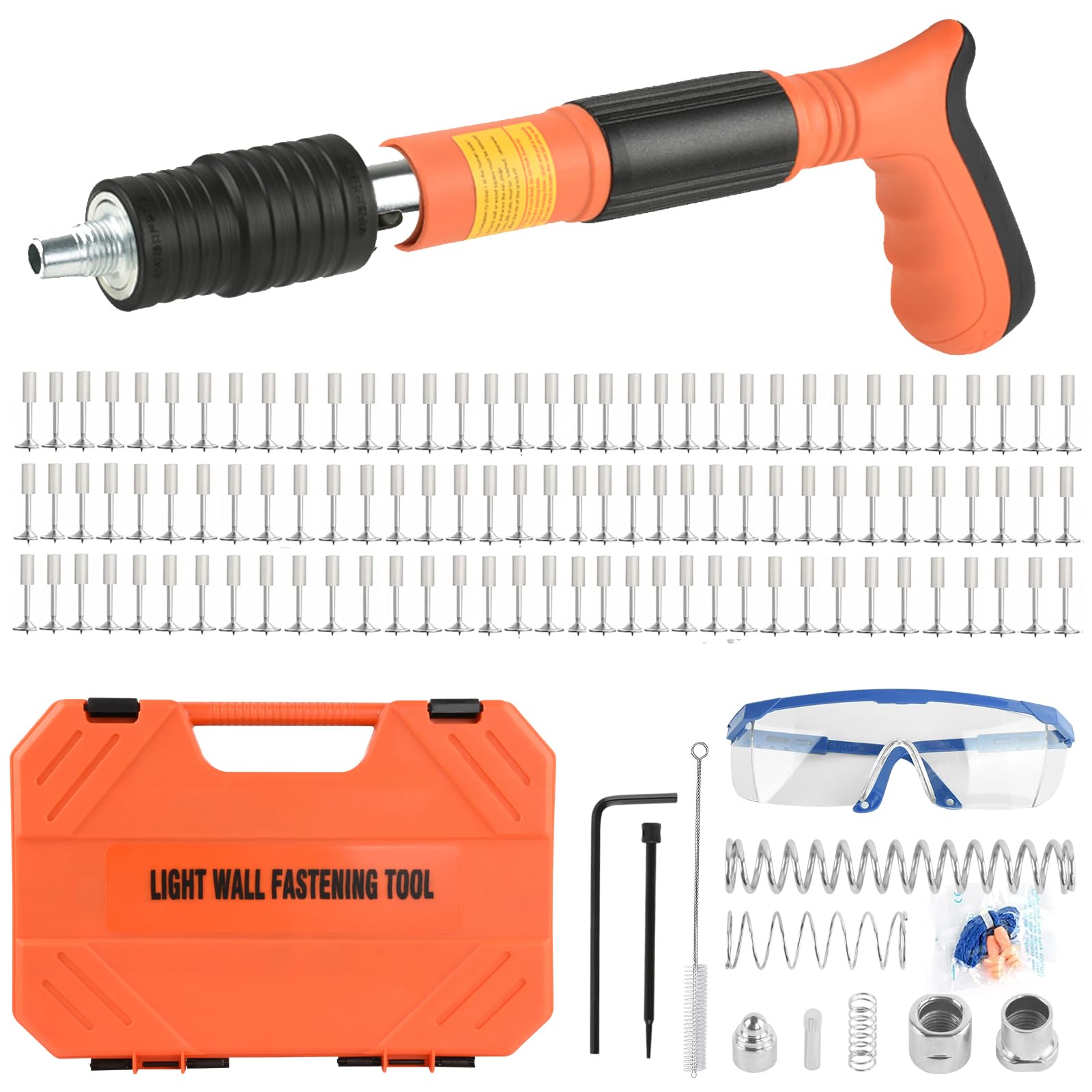**110pcs Concrete Nail Gun Kit - 5-Speed Adjustable Manual Steel Nailer, Portable Wall Fastening Tool for Woodworking & Home Repairs - Perfect for Framing, Drywall, and DIY Projects**