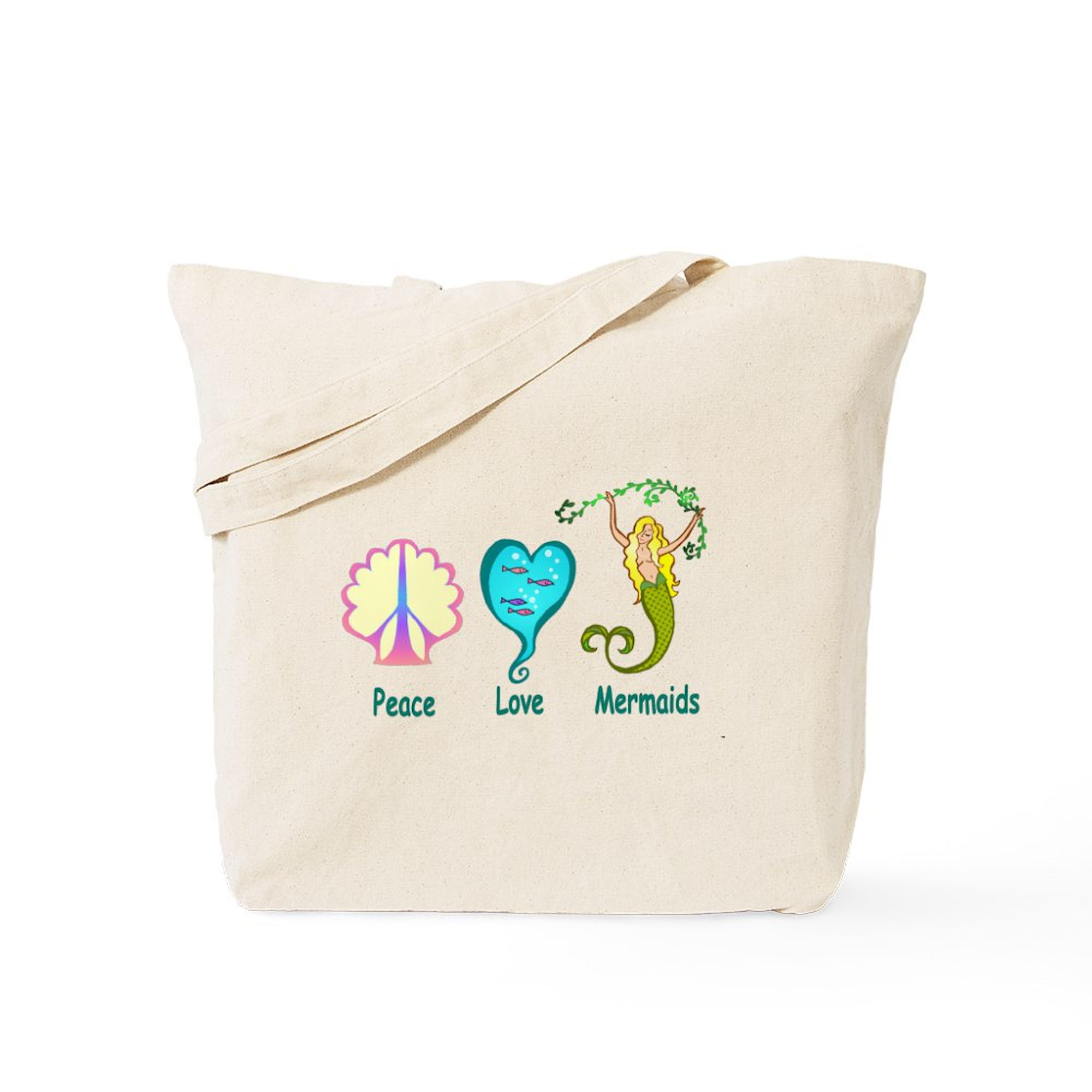 Peace, Love & Mermaids Canvas Tote Bag - Eco-Friendly Reusable Shopping Bag for Beach, Grocery & Everyday Use | Natural Cotton Carryall