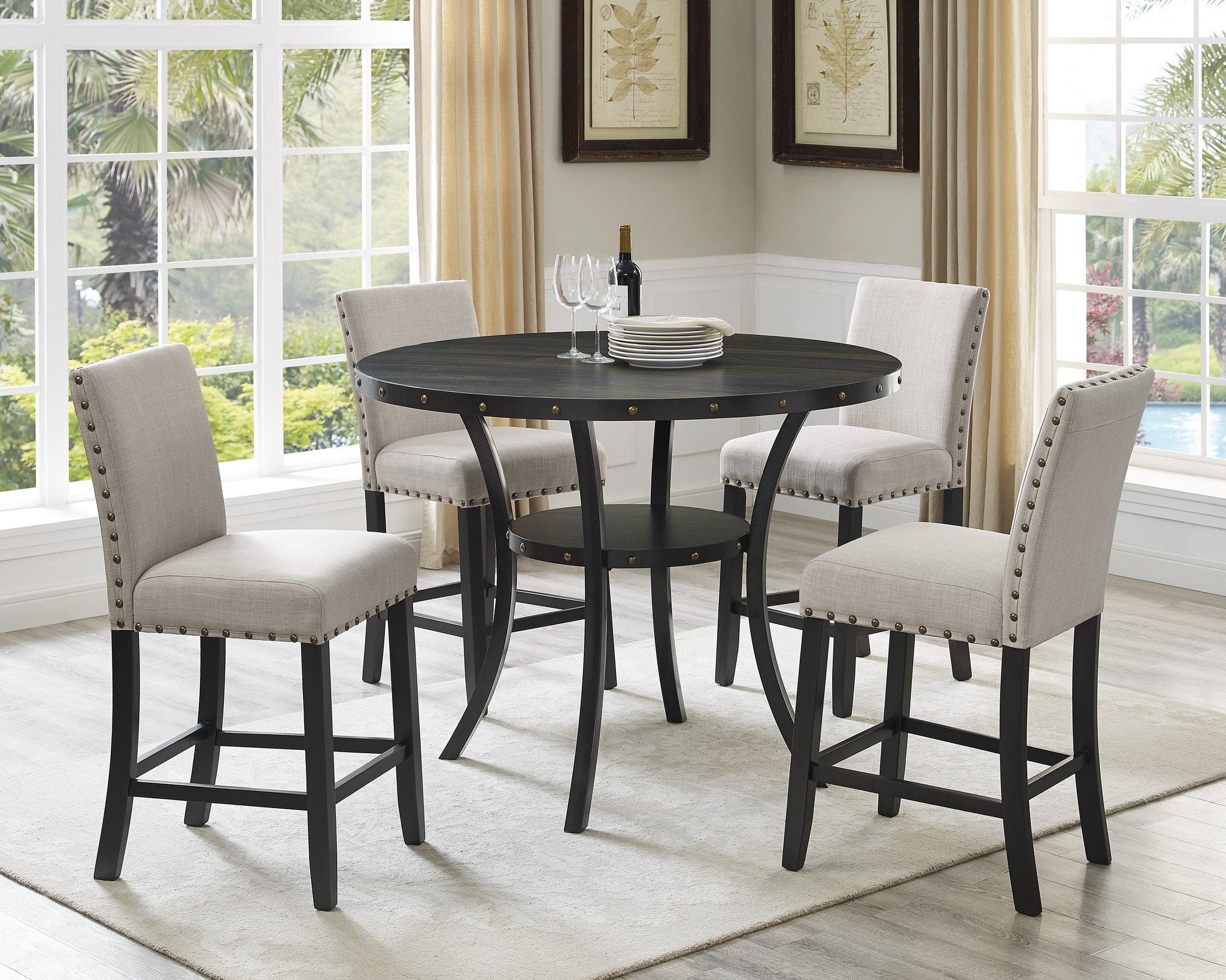 Roundhill Furniture Biony Espresso Wood Counter Height Dining Set with Tan Fabric Nailhead Stools - Modern Kitchen Bar Table & Stools Set for Small Spaces, Breakfast Nook, or Apartment Dining