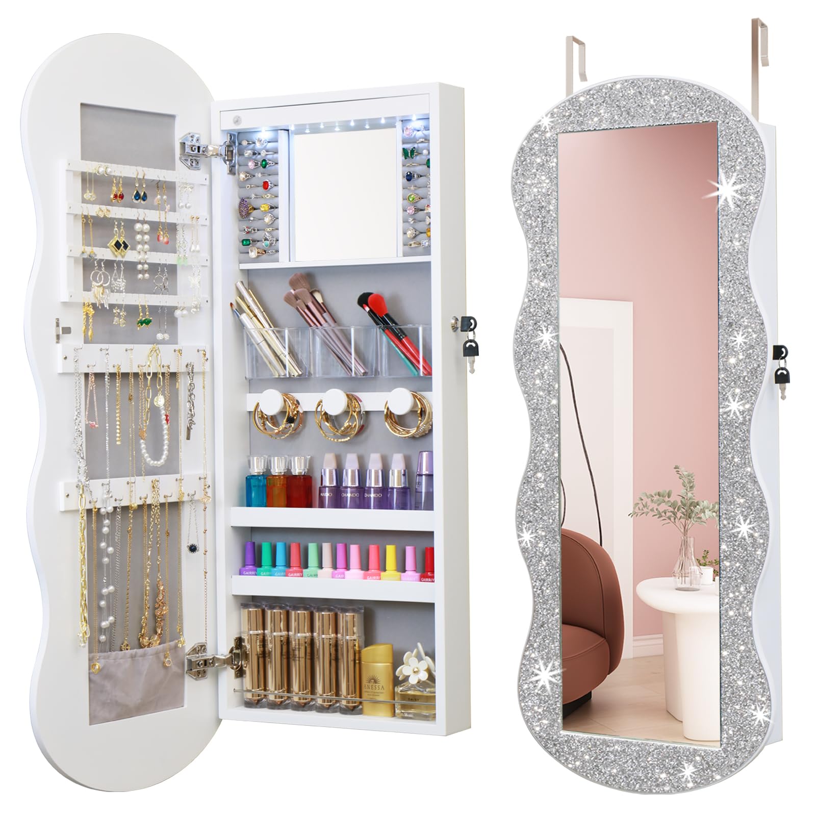 LED Jewelry Cabinet Organizer - Wall/Door Mounted Lockable Mirror with Storage | Full-Length Crushed Diamonds Mirror for Bedroom & Closet | Jewelry Armoire with Wavy Design & Secure Storage