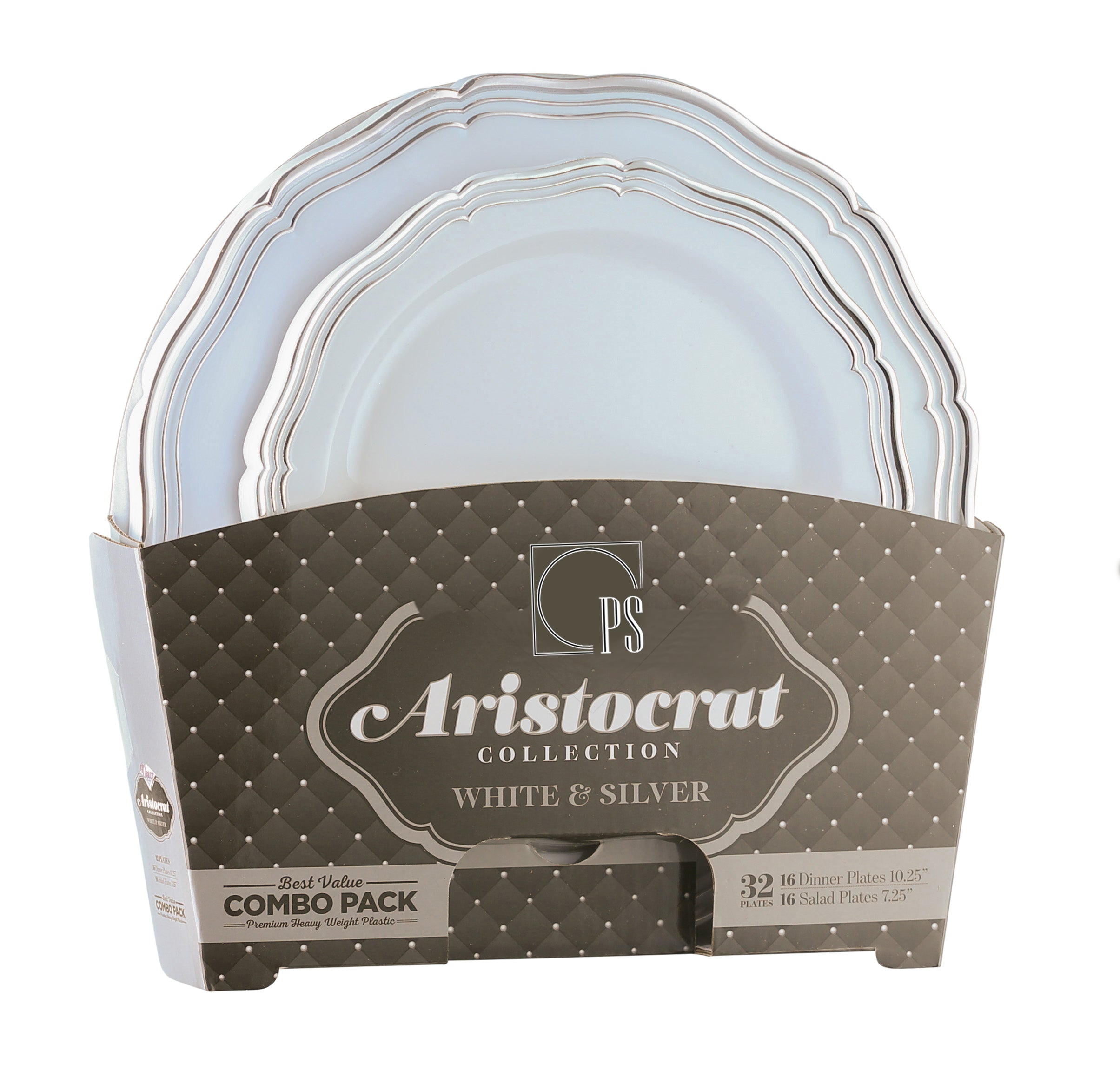 32-Piece Silver & White Round Plastic Dinnerware Set - 16 Place Settings - Durable & Elegant for Parties, Picnics, BBQs, and Outdoor Dining - Aristocrat