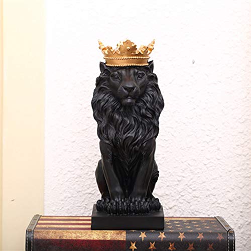 ZAMTAC Black Lion Resin Statue with Gold Crown - Handcrafted Home Decor Sculpture, Animal Figurine for Living Room, Office, and Gift Giving