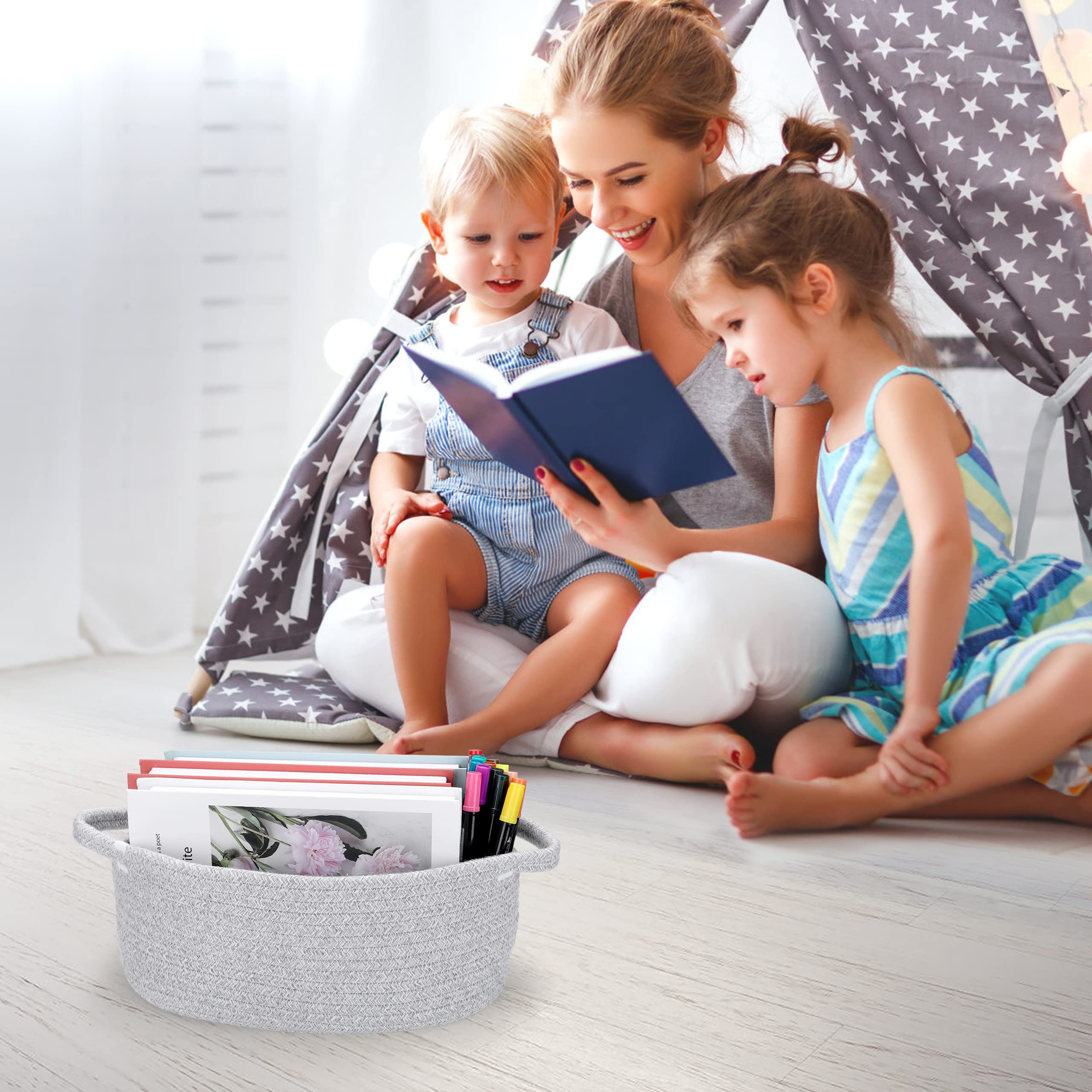 Small Woven Cotton Rope Storage Basket with Handle - Cute Oval Baby Nursery Organizer, Pet Toy Bin, Easter Gift Basket for Kids Room, Home Decor (Grey) - Perfect for Organizing Toys, Blankets, and Household Items