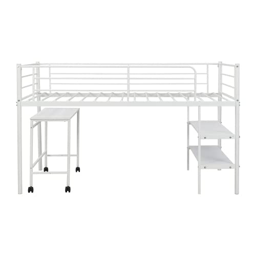 Space-Saving SJZD Loft Bed with Built-in Bookshelves, Ladder Shelves & Desk - Perfect for Small Bedrooms, Dorms & Studio Apartments (White)
