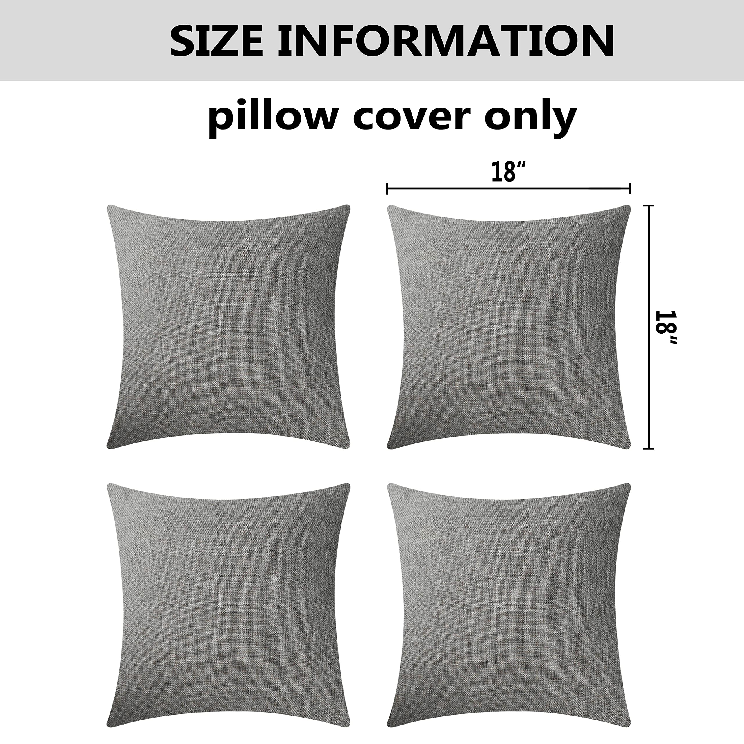 Premium Linen Square Throw Pillow Covers 18x18 Inch - 4 Pack Dark Grey Cushion Covers for Sofa, Bed & Home Decor - Soft & Durable Living Room & Bedroom Accent Pillow Cases