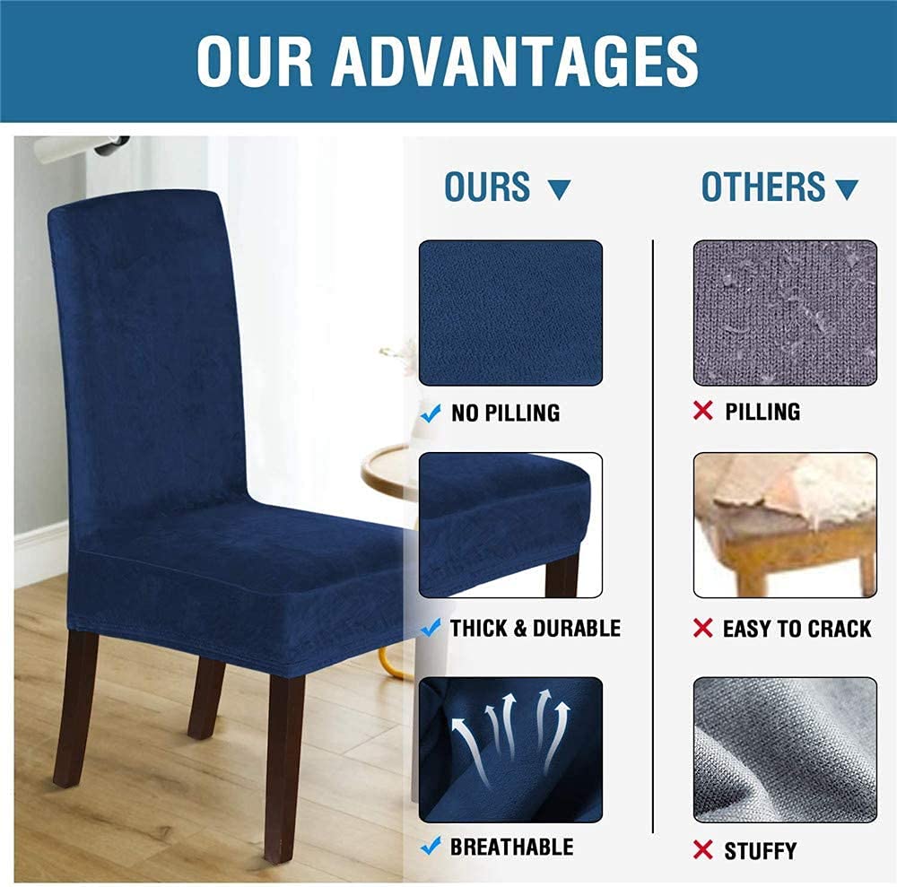 Velvet Dining Chair Covers - Stretch Slipcovers for Parson Chairs (Set of 6, Navy) - Washable & Durable for Home Dining