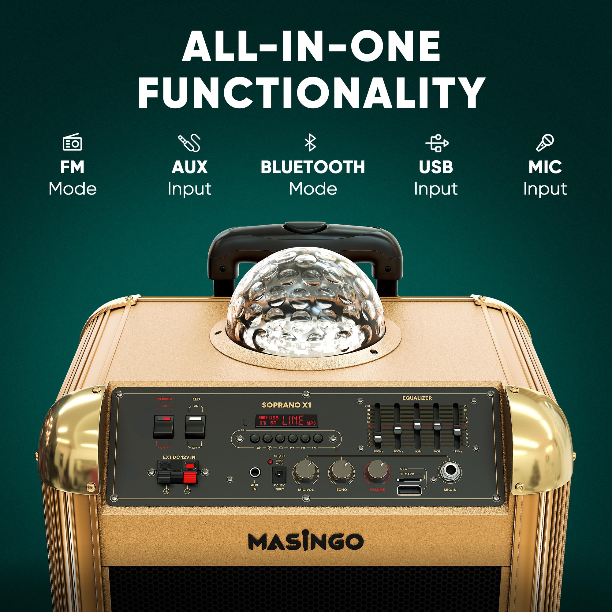 MASINGO X1 2.0 Karaoke Machine with Bluetooth Wireless Microphones - Portable PA Speaker System with Disco Lights, Lyrics Display & TV Cable for Home Parties, Kids Singing, and Outdoor Gatherings