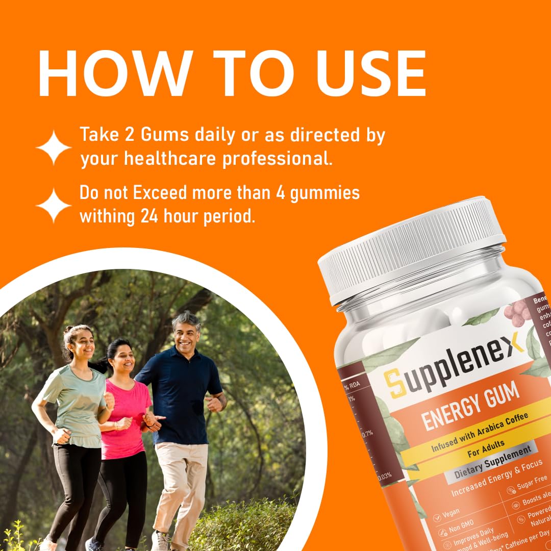 Supplenex Energy Gum - Caffeine Infused Chewing Gum for Men & Women | Sugar-Free Arabica Coffee Energy Boost | Pack of 30 Power Gummies | Perfect for Workouts, Study & Long Drives