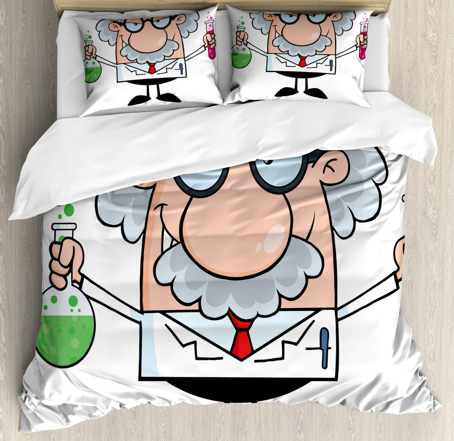 Ambesonne Science Themed Duvet Cover Set - 3 Piece Cartoon Bedding with Old Scientist Design, Queen Size Multicolor Comforter Cover + 2 Pillow Shams | Perfect for Kids' Room, Science Classroom Decor & Geek Chic Home Decor