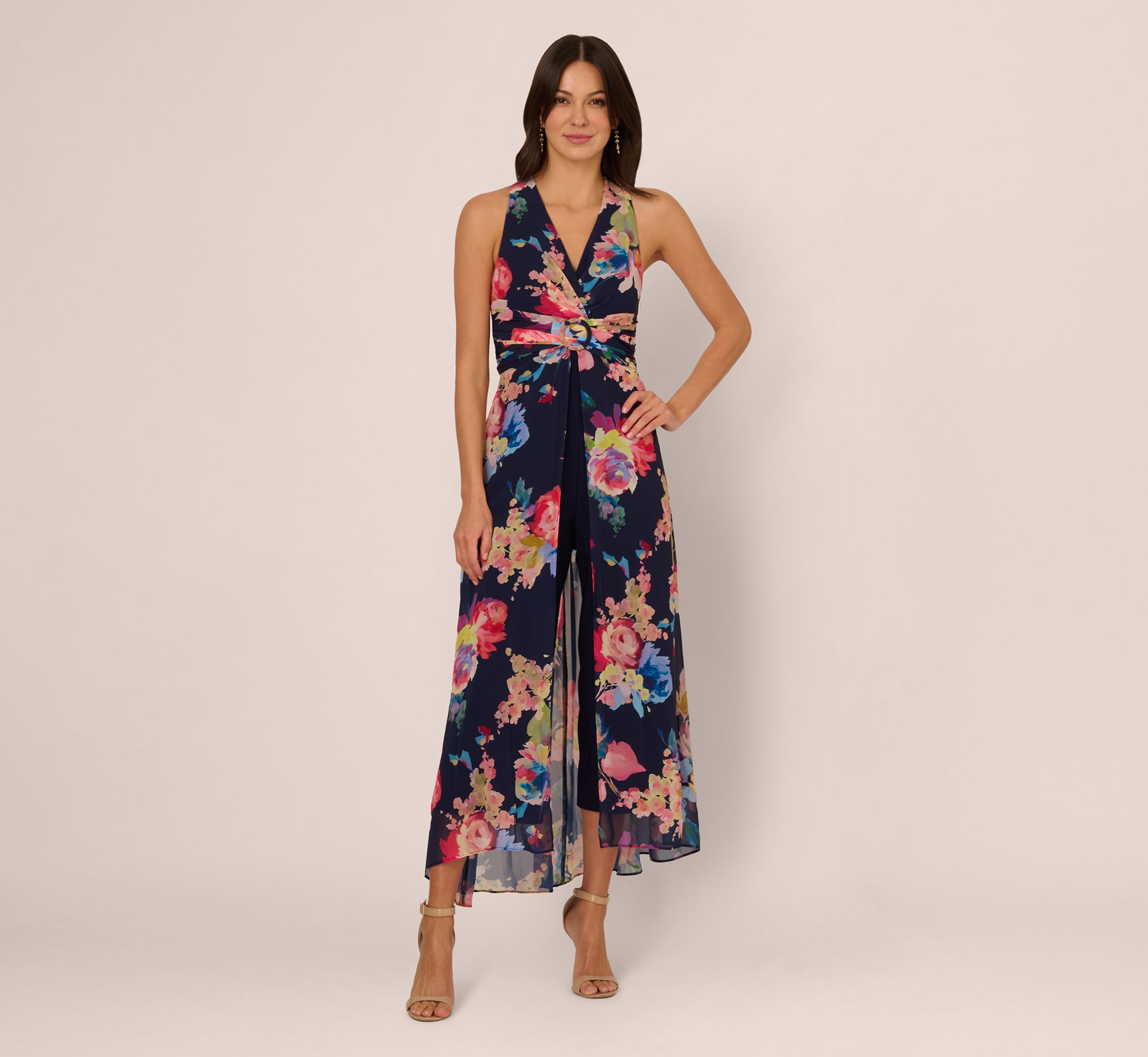 Navy Blue Floral Chiffon Sleeveless Jumpsuit for Women - Summer Beach Party, Wedding Guest Outfit, Casual Wear