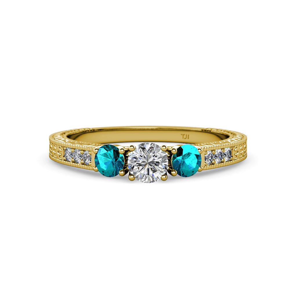 14K Yellow Gold Diamond & London Blue Topaz Milgrain Three-Stone Ring with Side Diamonds (0.85 ctw) - Perfect for Engagement, Anniversary & Special Occasion Jewelry Gifts