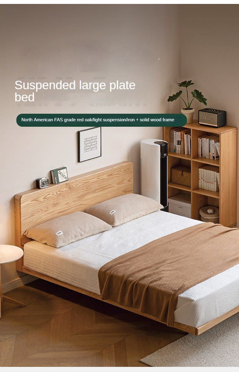 Oak Solid Wood Suspended Bed Frame - Queen Size Floating Platform Bed with Headboard - Modern Minimalist Bedroom Furniture for Loft, Apartment & Small Spaces