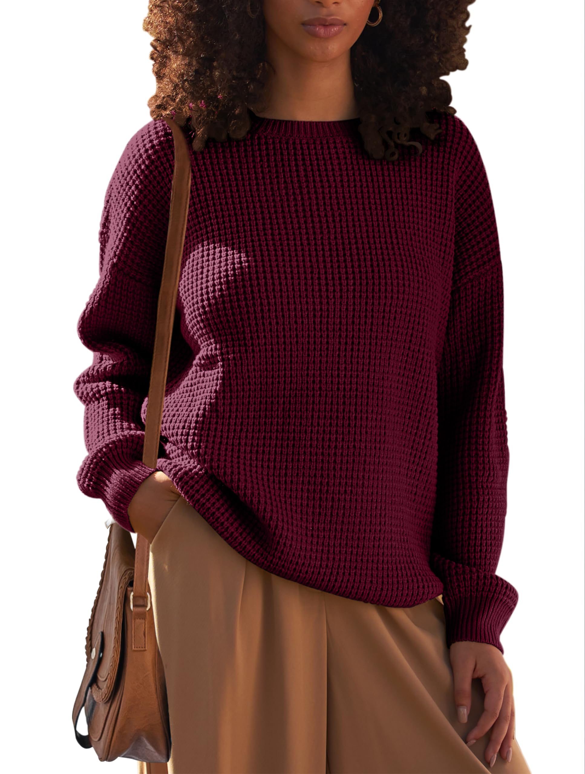 MEROKEETY Women's 2024 Long Sleeve Waffle Knit Sweater - Crew Neck Solid Color Pullover Jumper Tops for Fall & Winter | Casual Office Wear & Cozy Home Outfits