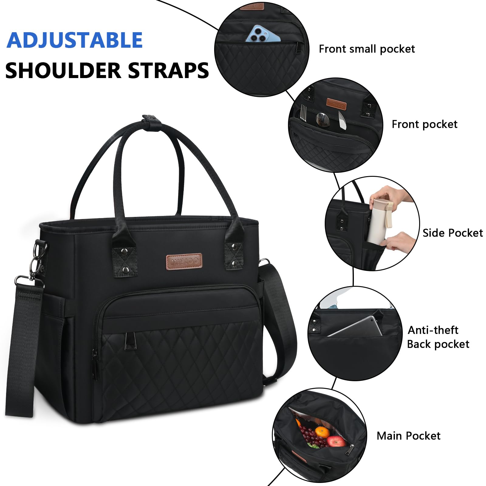 MIYCOO Insulated Lunch Bag for Women & Men - Leakproof Large Lunch Tote Box Cooler Bag for Office, School, Picnic - Black (Perfect for Work, Gym & Outdoor Activities)
