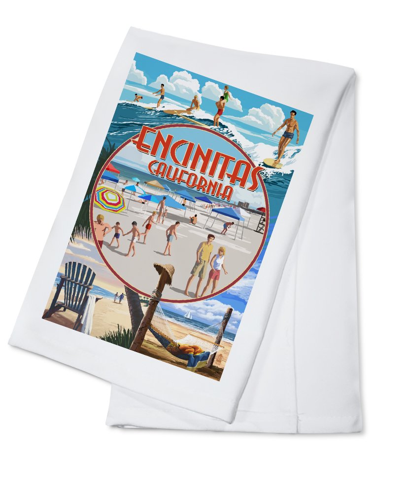 100% Cotton Tea Towel - Decorative Hand Towel for Kitchen & Home | Encinitas California Beach Montage Design | Perfect for Dish Drying, Gift Giving & Coastal Home Decor