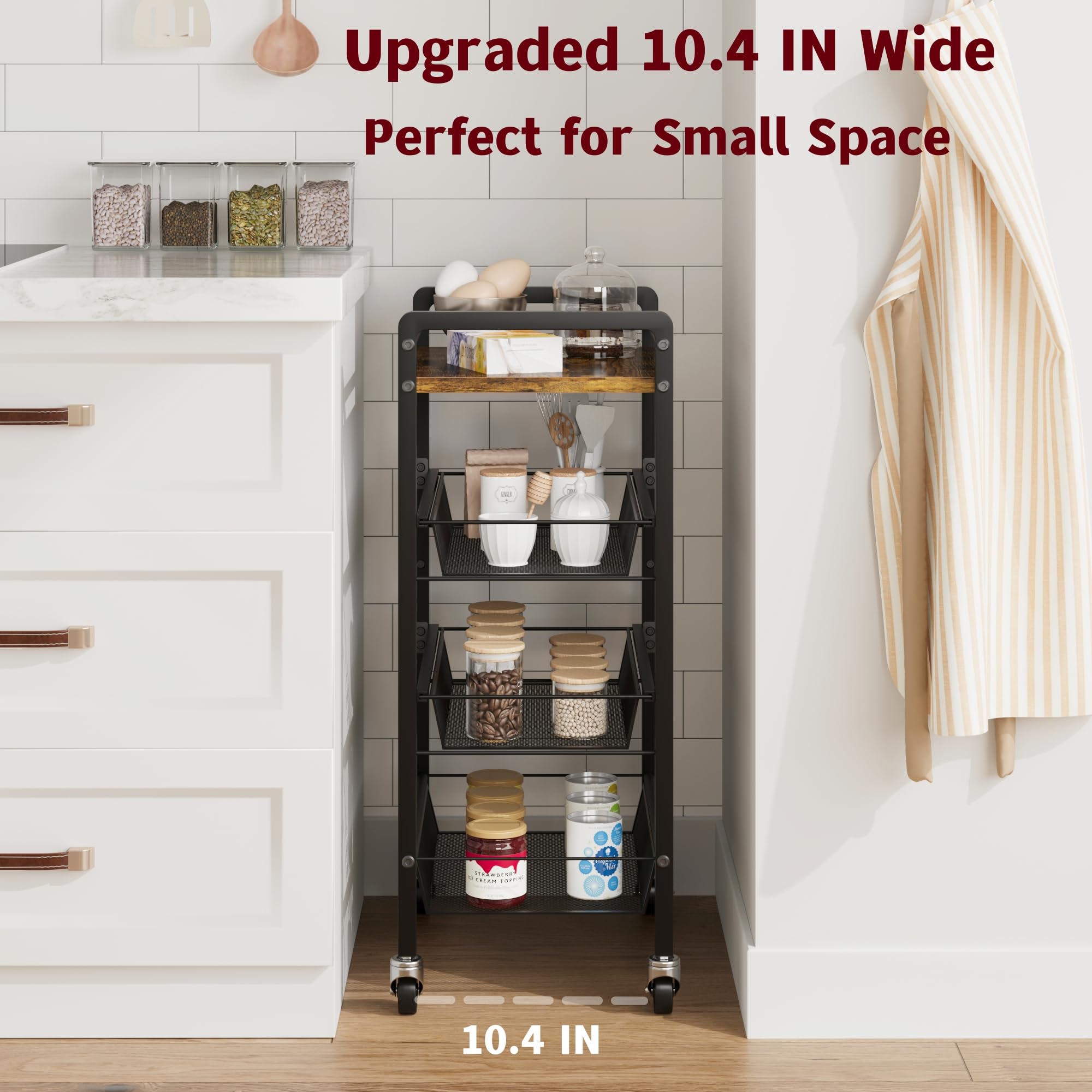 GARVEE 4-Tier Slim Rolling Storage Cart with Wheels - Narrow Kitchen, Laundry & Bathroom Utility Cart - 7.9