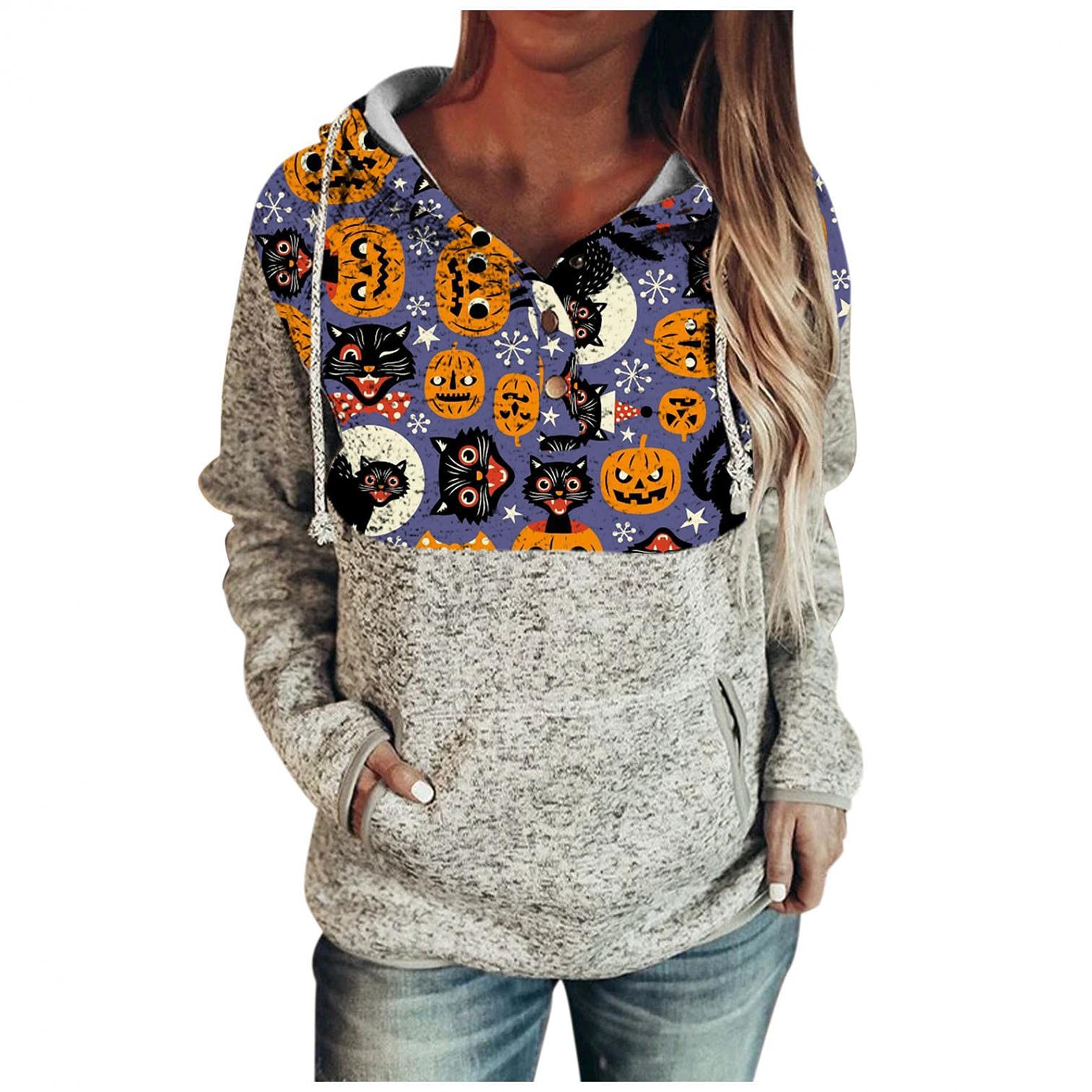 Felwors Women's Lightweight Halloween Printed Hoodie - Long Sleeve Loose Button Drawstring Pullover Sweatshirt for Casual Wear, Costume Parties & Fall Fashion