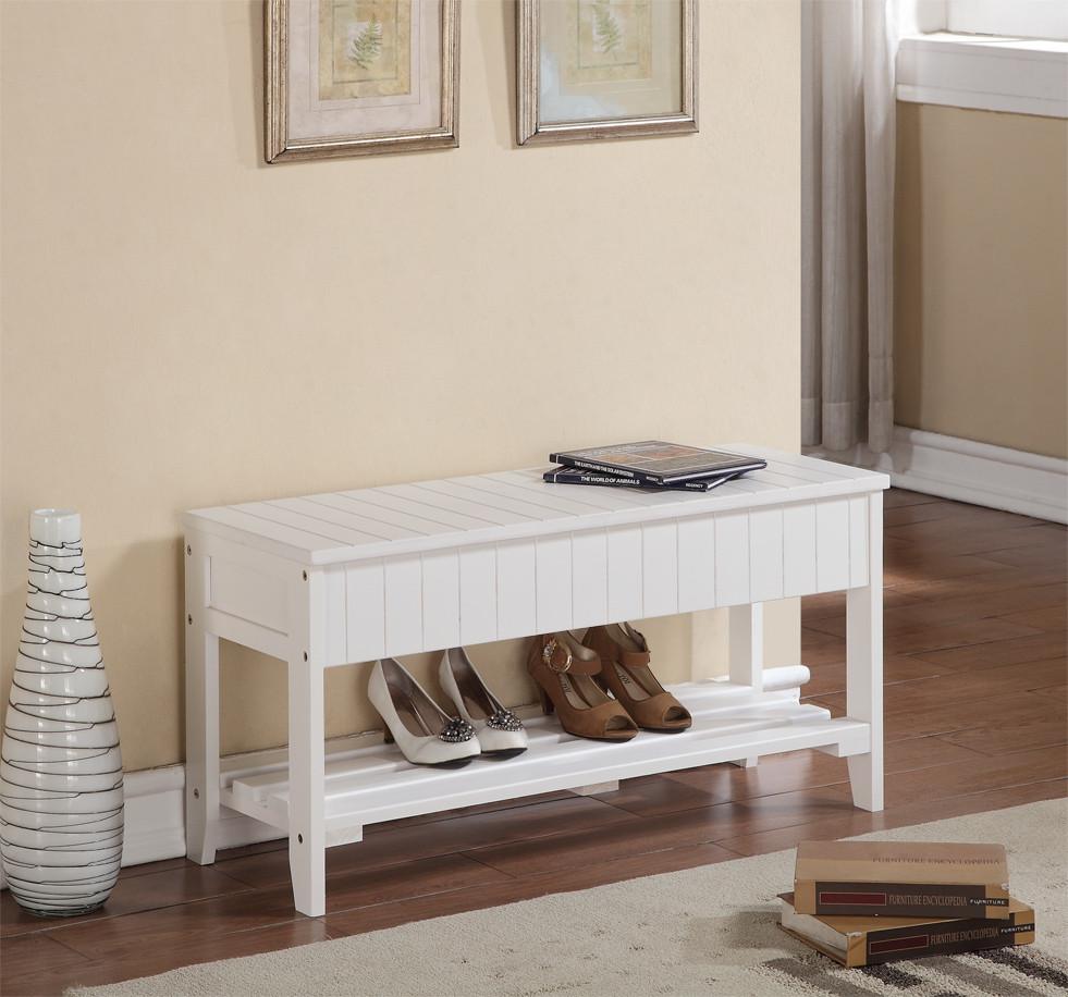 Roundhill Solid Wood Shoe Storage Bench with Cushion Seat - White Entryway Organizer for Hallway, Bedroom & Mudroom Organization