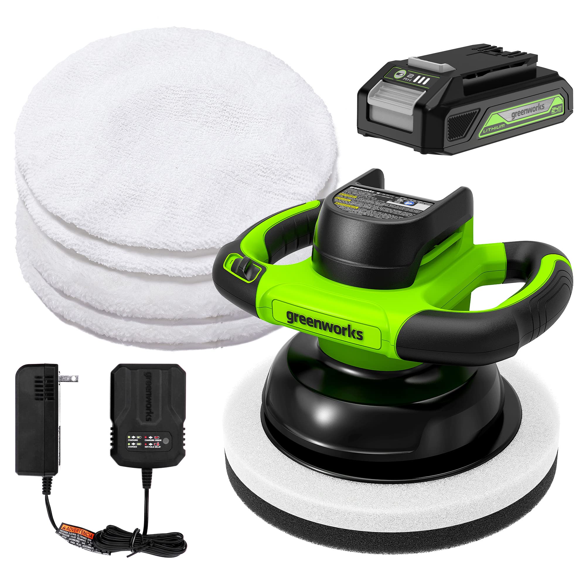 Greenworks 24V 10-Inch Cordless Orbital Buffer - 2800 RPM Waxing & Polishing Machine with 4 Buffing Bonnets, 2.0Ah Battery & Fast Charger - Perfect for Car Detailing, Boat Waxing & Floor Polishing