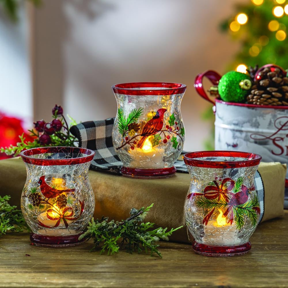 3.5 Inch Hand Painted Cardinal Crackle Glass Candle Holder - Holiday Decor, Christmas Table Centerpiece, Winter Home Decoration