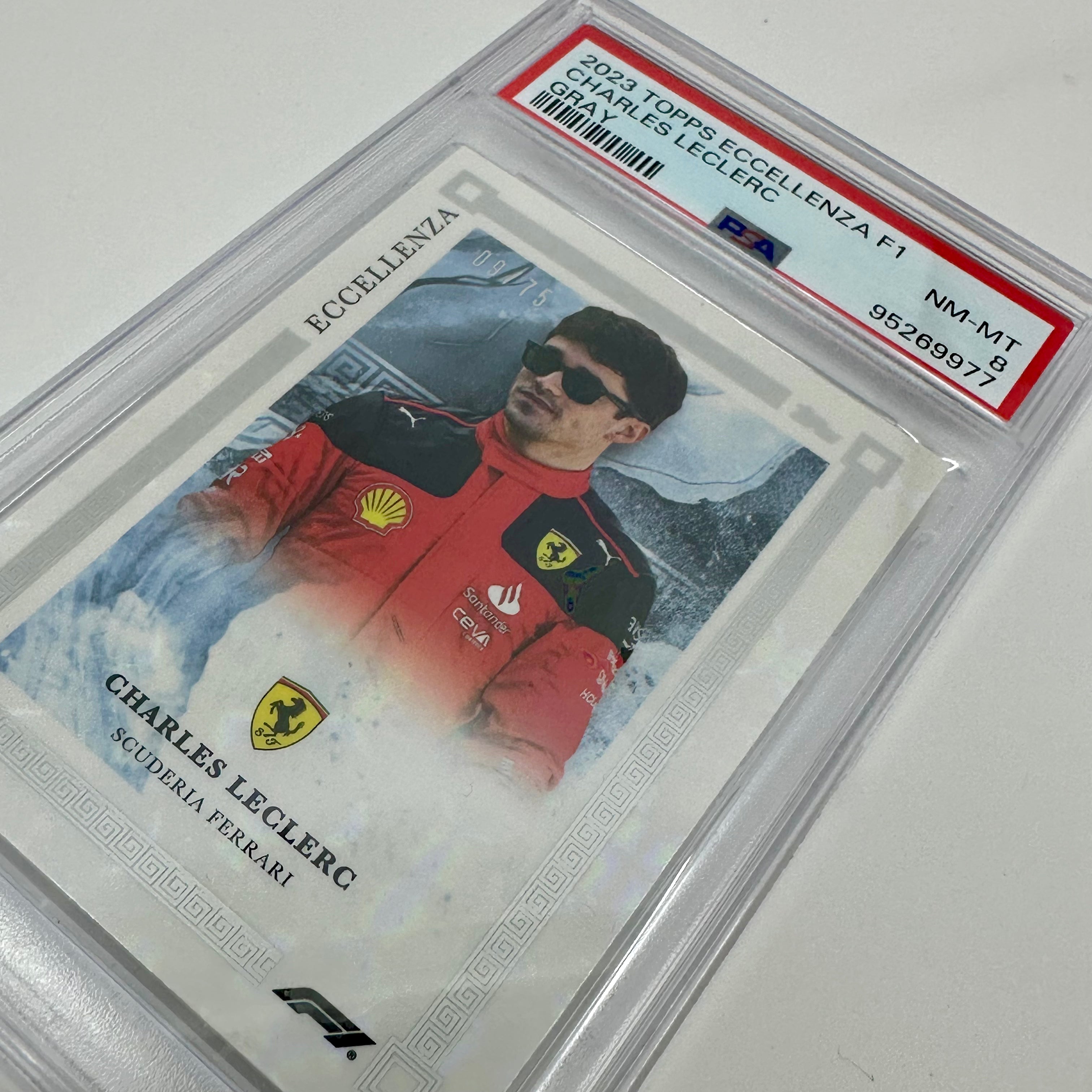 PSA 8 Graded 2009/75 Charles Leclerc Gray 2023 Eccellenza Racing Card - Perfect for F1 Collectors & Sports Memorabilia Enthusiasts