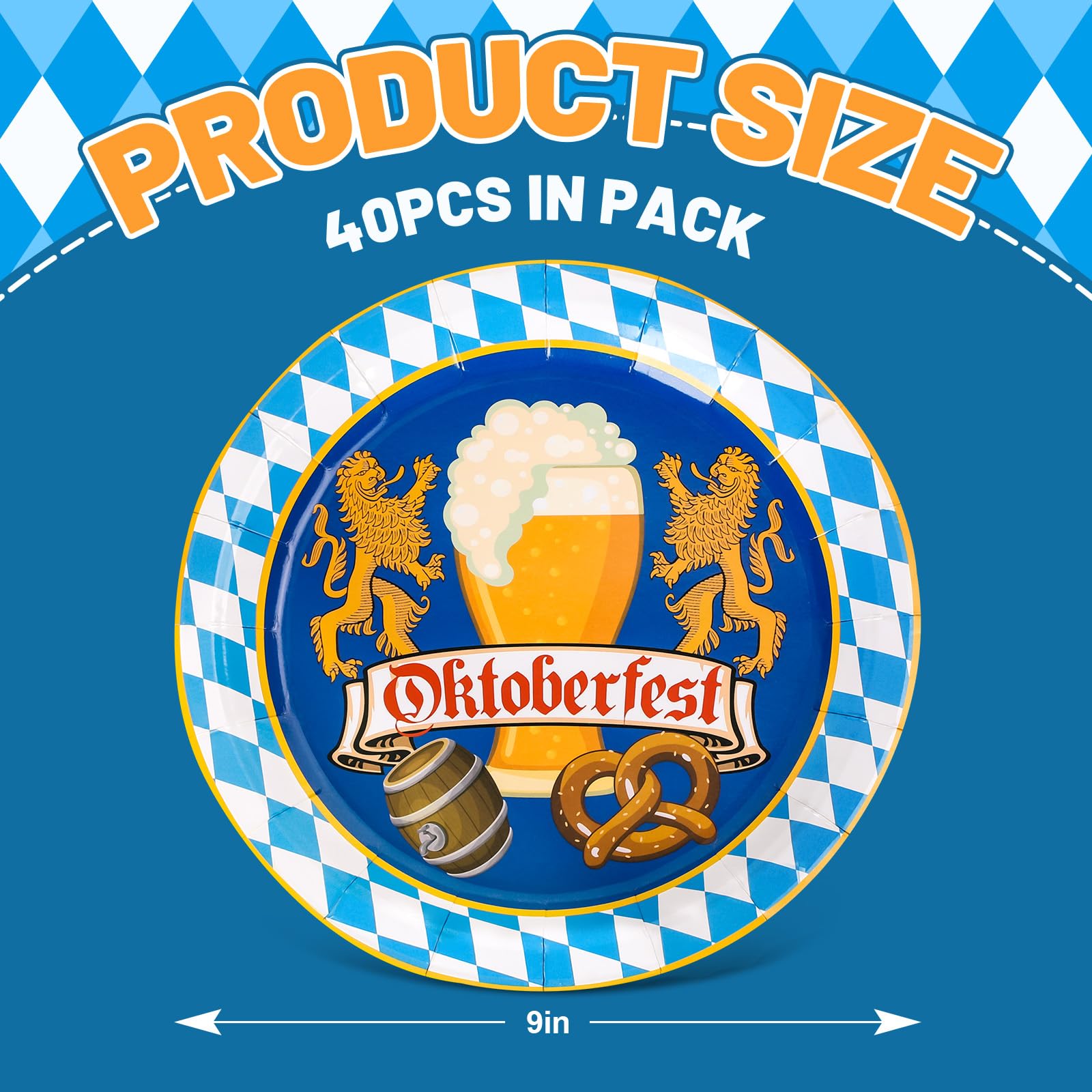 40Pcs Oktoberfest Themed Disposable Paper Plates - 9 Inch German Beer Festival Dinnerware with Bavarian Blue White Argyle & Lion Prints - Perfect for Munich Oktoberfest Parties, BBQs, and Themed Events