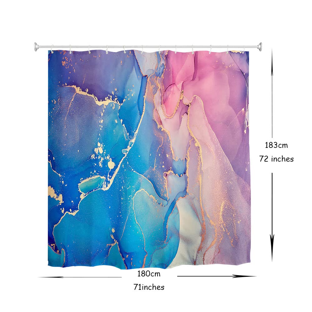 Blue and Pink Marble Shower Curtain with Hooks - Abstract Ombre Art Deco Luxury Bathroom Decor - 71x72 Inches Waterproof Fabric for Modern Aesthetic - Perfect for Spa, Hotel, and Home Bathroom Upgrade