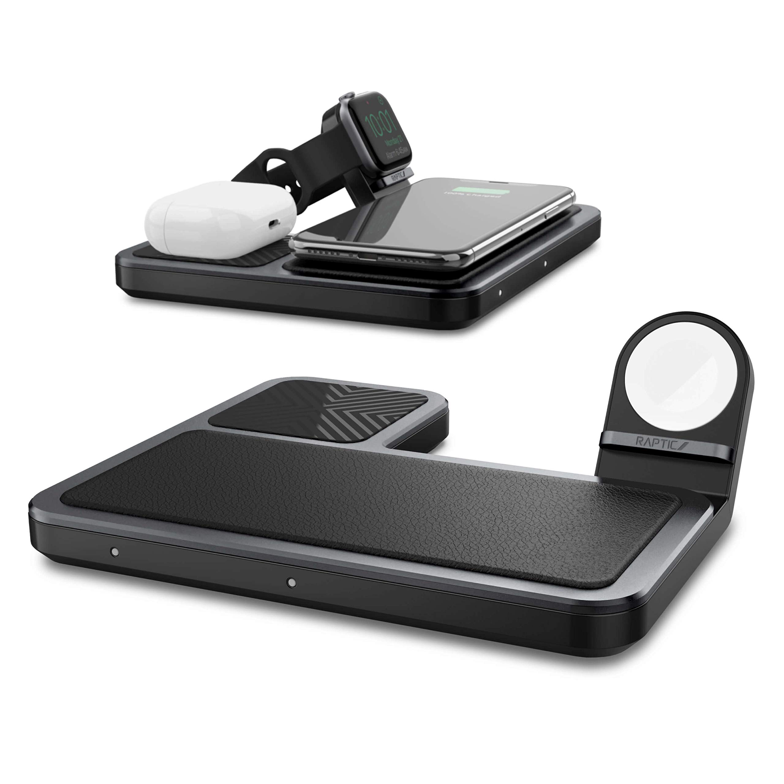 Raptic Trio 3-in-1 Wireless Charging Station - Qi Certified 10W Fast Charger Pad for iPhone 15/14/13/12, Apple Watch Series 9/8/7/6/5/4/3/2/1 & AirPods Pro/2 - Sleek Black Design | Perfect for Bedside, Office Desk & Travel Charging