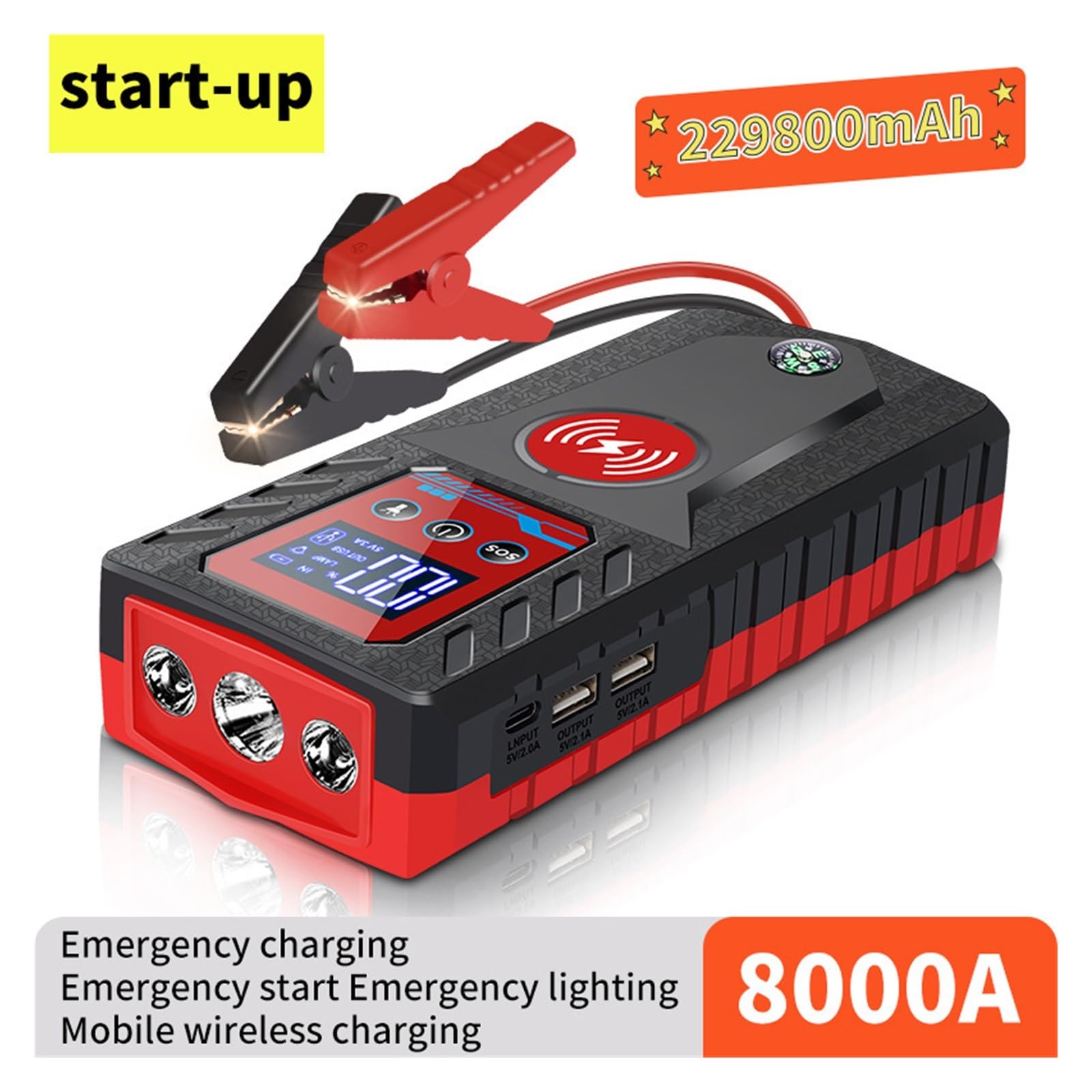 Portable Car Jump Starter with Wireless Power Bank - 99800mAh Emergency Battery Booster, Phone Charger & Compass - Perfect for Roadside Emergencies and Outdoor Adventures
