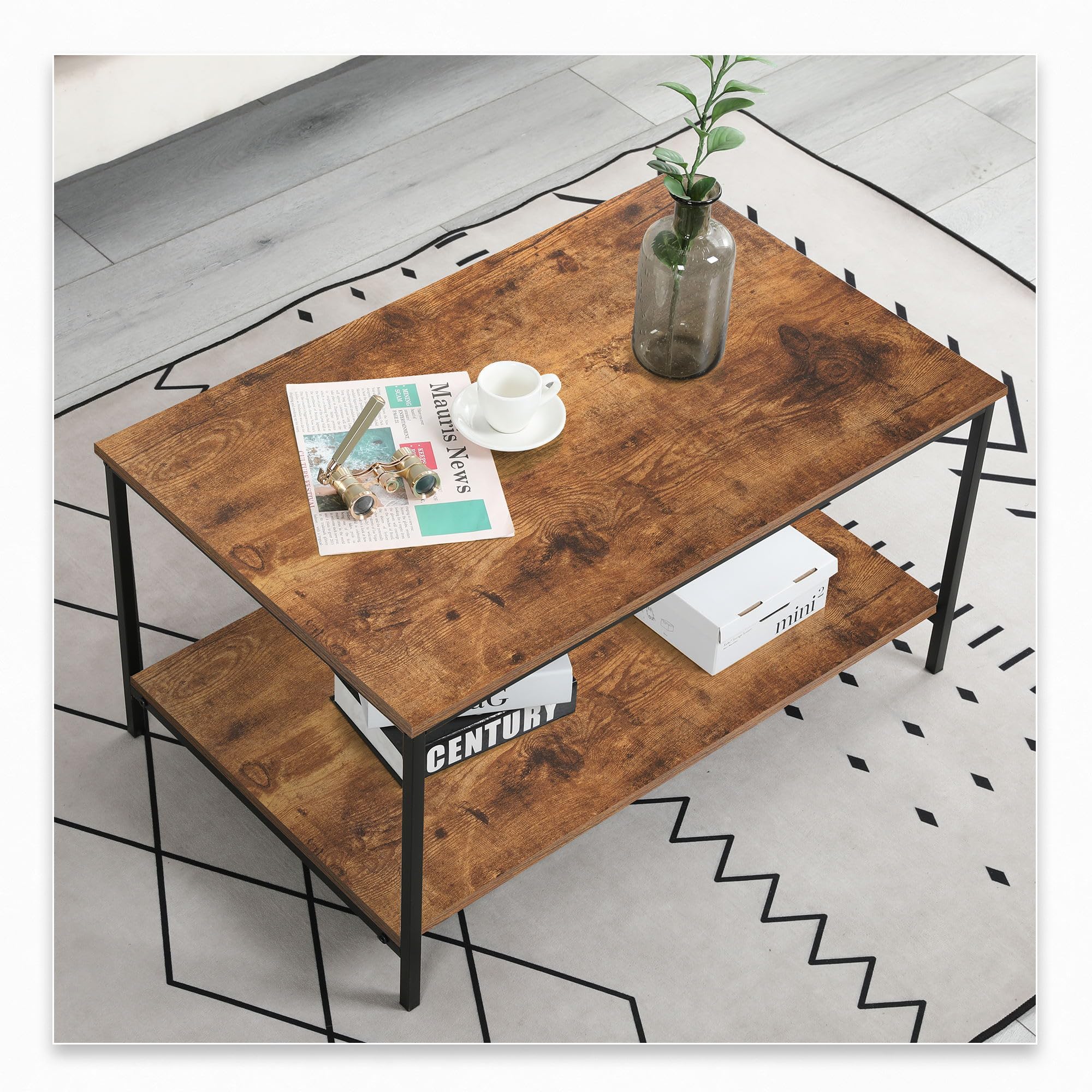 Modern Small Brown Rectangle Wood & Metal Coffee Table with Storage Shelf - Compact Living Room Furniture for Apartments, Dorms & Small Spaces