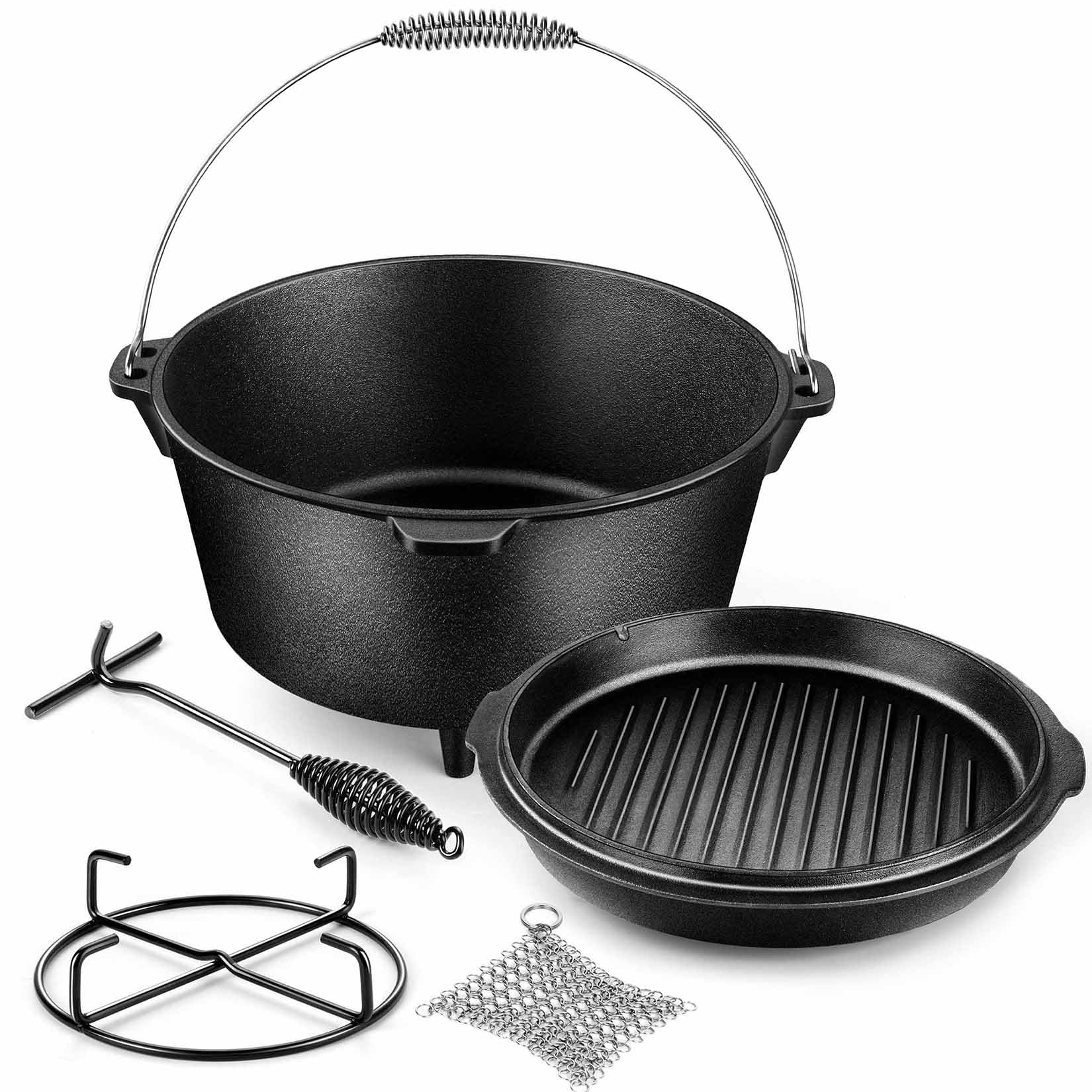 Joyfair Pre-Seasoned Cast Iron Dutch Oven Set with Griddle Skillet Lid - 7.6QT Camping Pot & 2QT Lid - Includes Lid Lifter, Iron Stand & Cleaner - Perfect for Stewing, Baking Sourdough Bread & Outdoor Cooking - Ideal for Camping, Backpacking & Home Kitchen Use