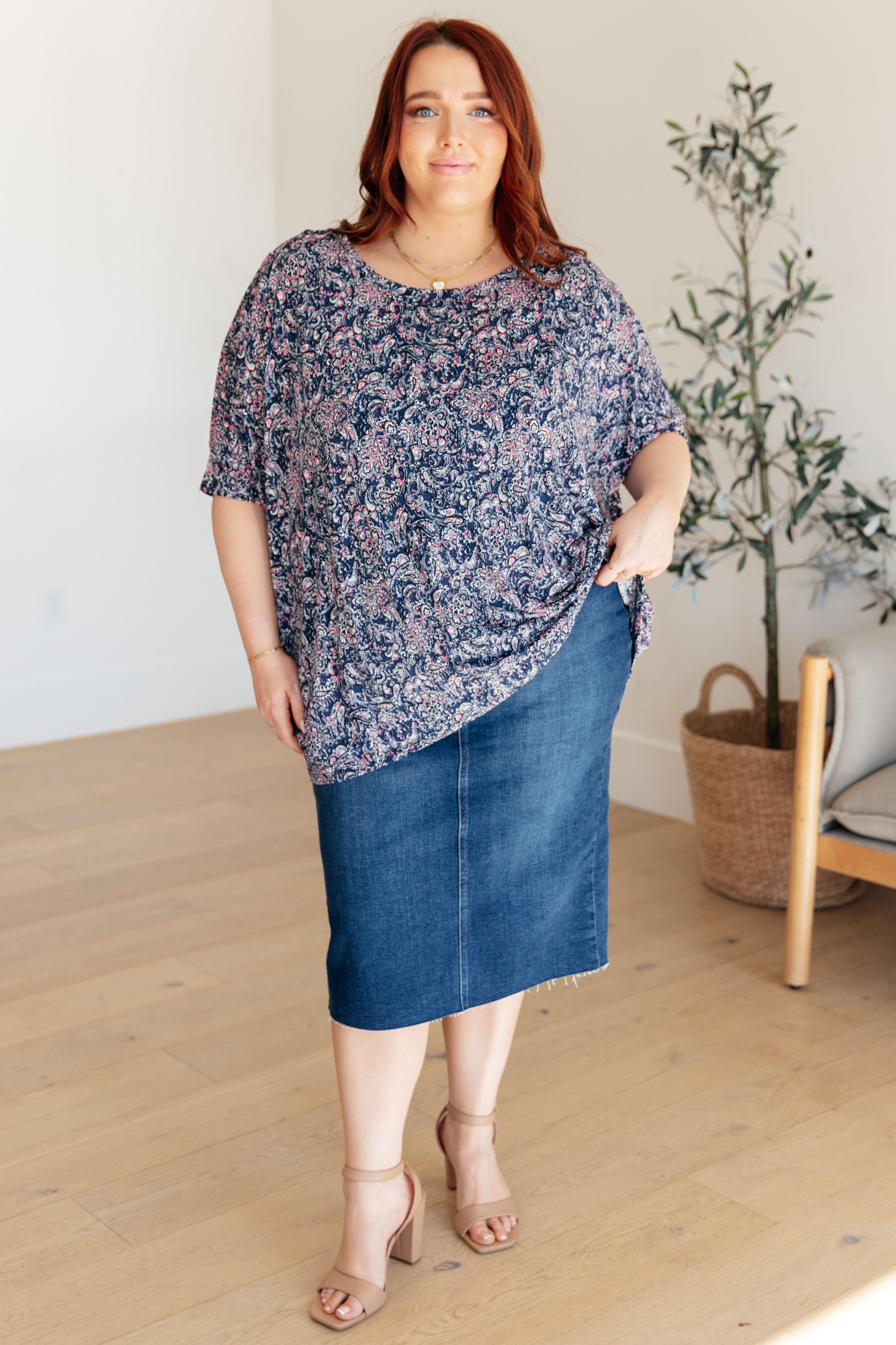 Dear Scarlett Navy Paisley Essential Blouse for Women - Flowy Casual Top with Short Sleeves - Perfect for Office, Date Night & Summer Outfits