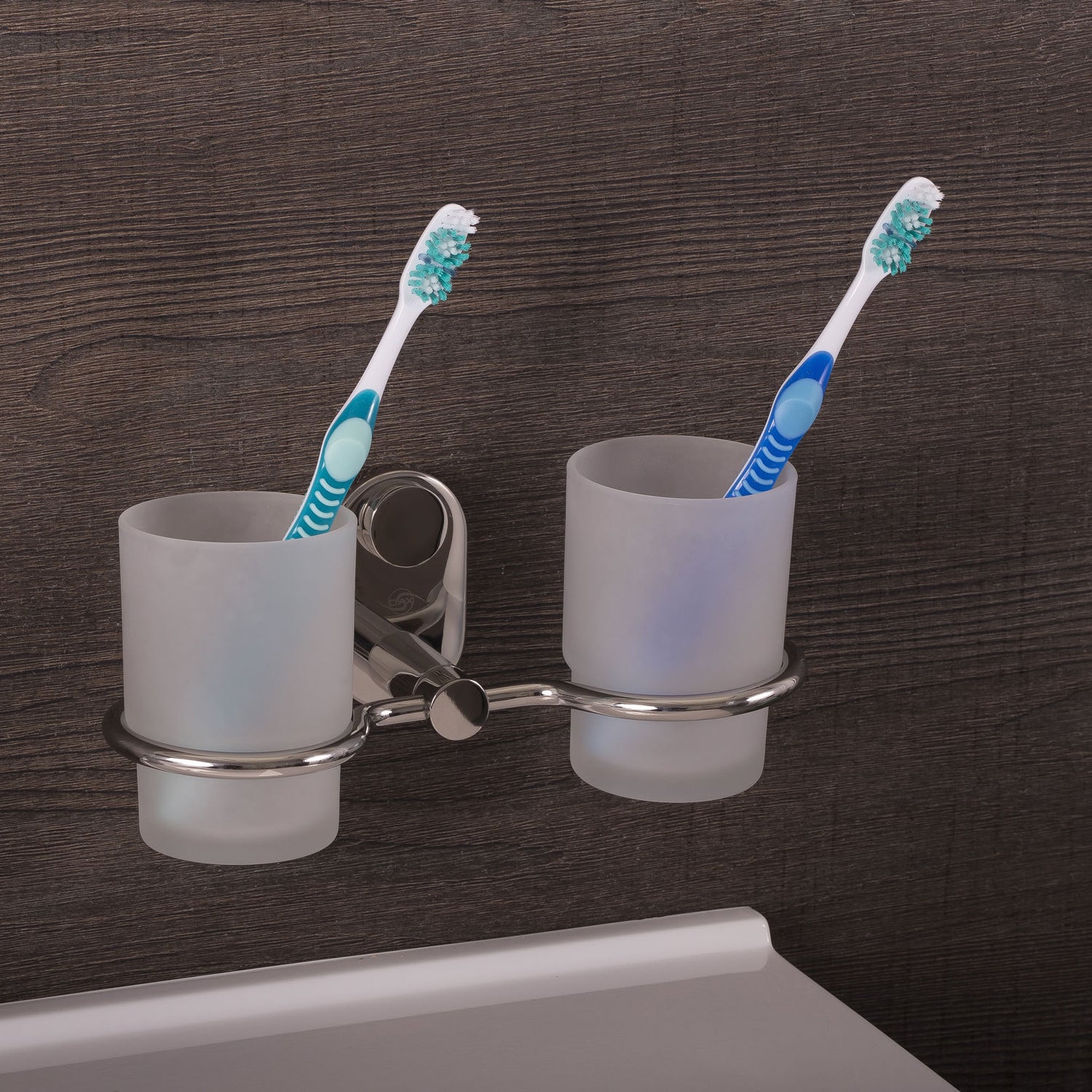 DAX Stainless Steel Wall Mount Toothbrush Holder with Glass Cup - Double Tumbler Bathroom Organizer, Polished Finish, 8.25