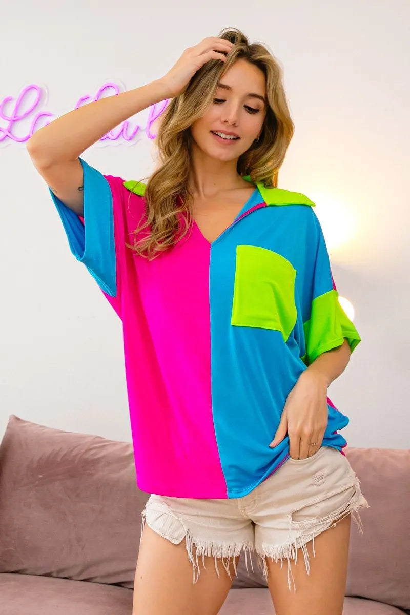 BiBi Slinky Knit Color Block V-Neck Top for Women | Trendy Casual & Party Wear | Perfect for Office, Date Night & Weekend Outings
