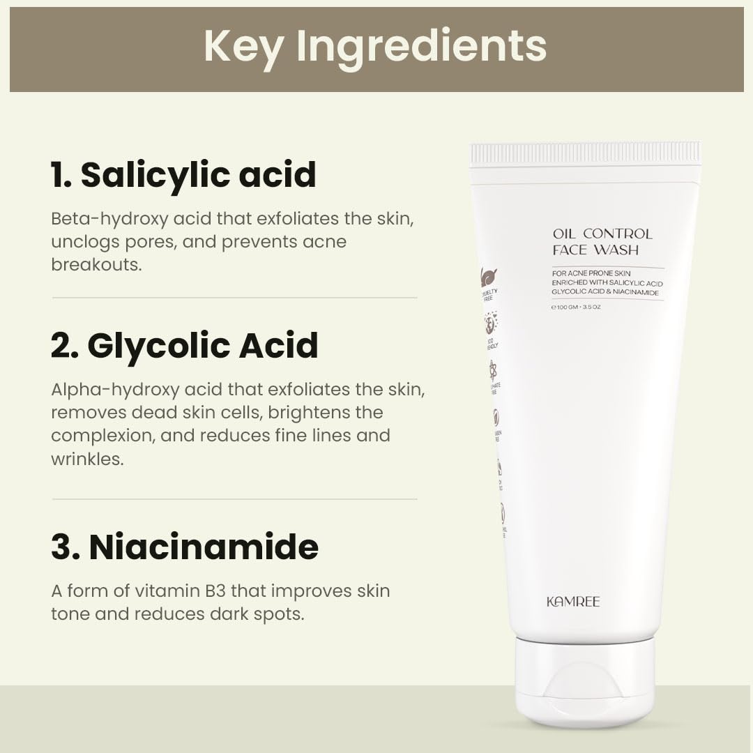 KAMREE® Oil Control Face Wash with 2% Salicylic Acid & 1% Glycolic Acid - Sulfate Free Anti Acne Cleanser for Pimples & Oily Skin - 100ml for Women & Men - Perfect for Daily Skincare Routine & Acne Treatment