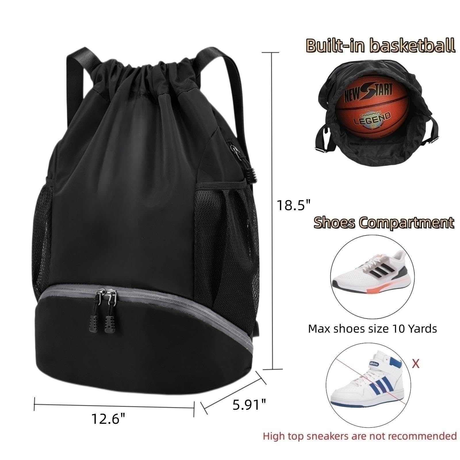 Best Soccer Backpack for Men & Women - Durable Gym, Basketball, Volleyball & Football Drawstring Bag with Ball Compartment (Black) - Perfect for Sports Practice, Travel & School