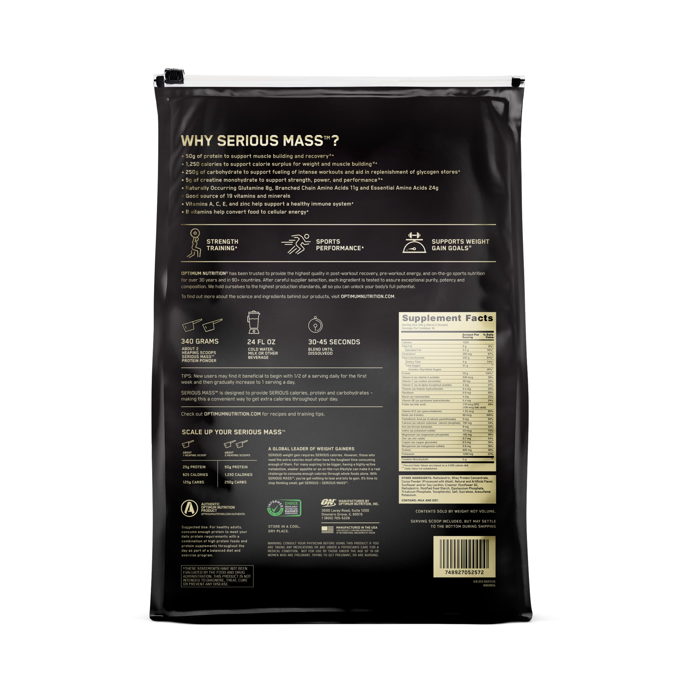 Optimum Nutrition Serious Mass Weight Gainer Protein Powder - 12lb Chocolate Peanut Butter Flavor with Creatine, Vitamins & Minerals for Muscle Growth & Immune Support - Perfect for Post-Workout Recovery & Bodybuilding Nutrition